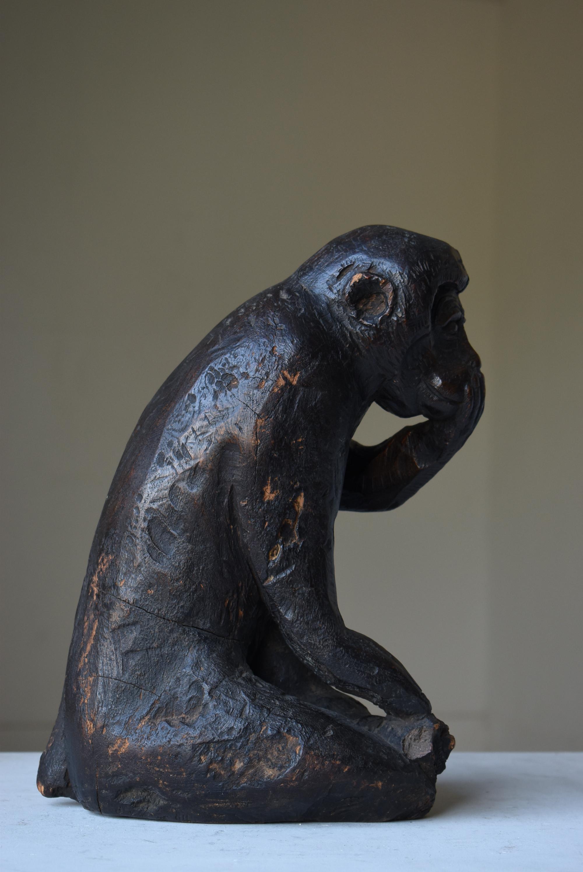 Mono Japonés Antiguo Tallado en Madera Años 1860-1920 / Escultura Wabisabi 6