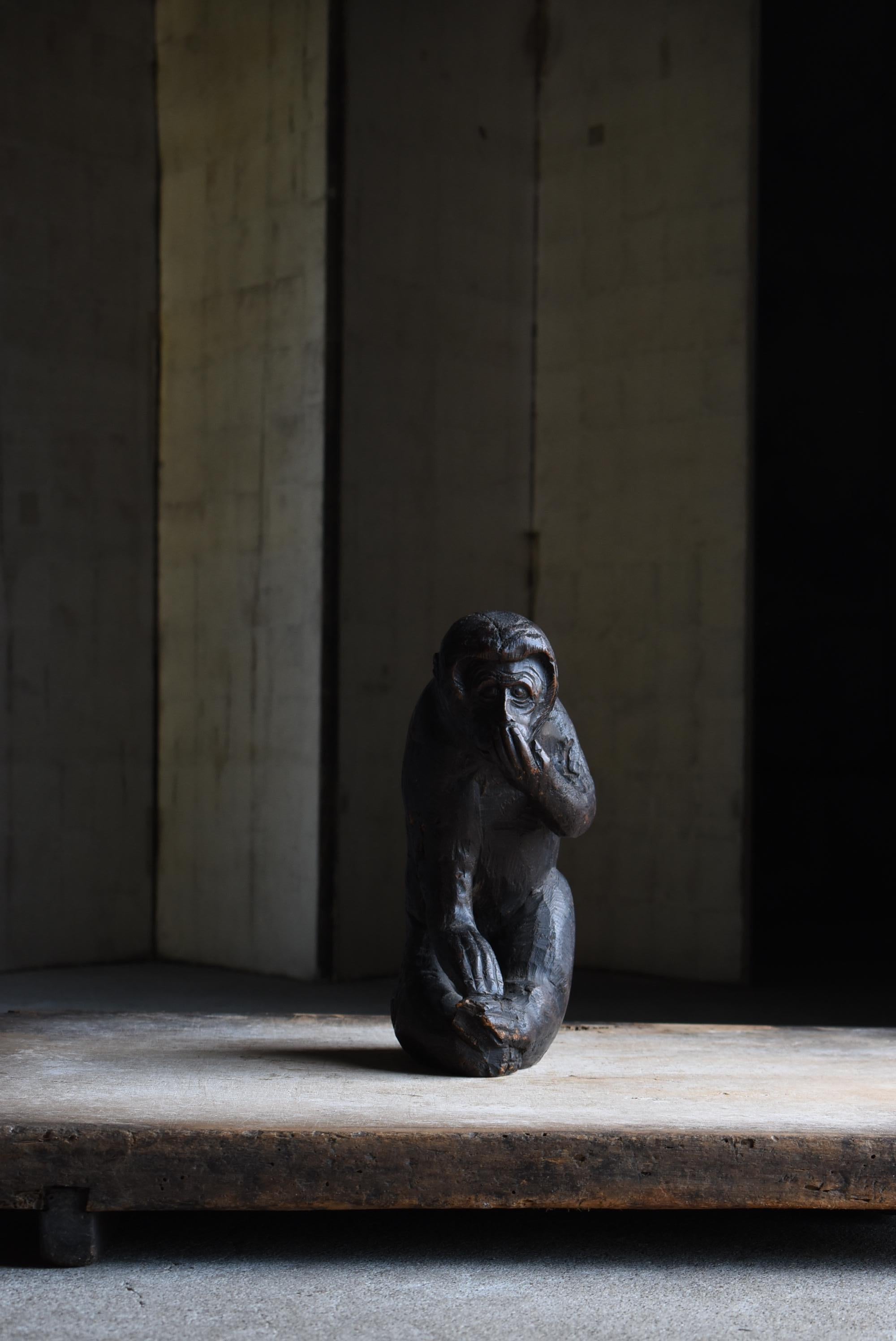 Mono Japonés Antiguo Tallado en Madera Años 1860-1920 / Escultura Wabisabi 11