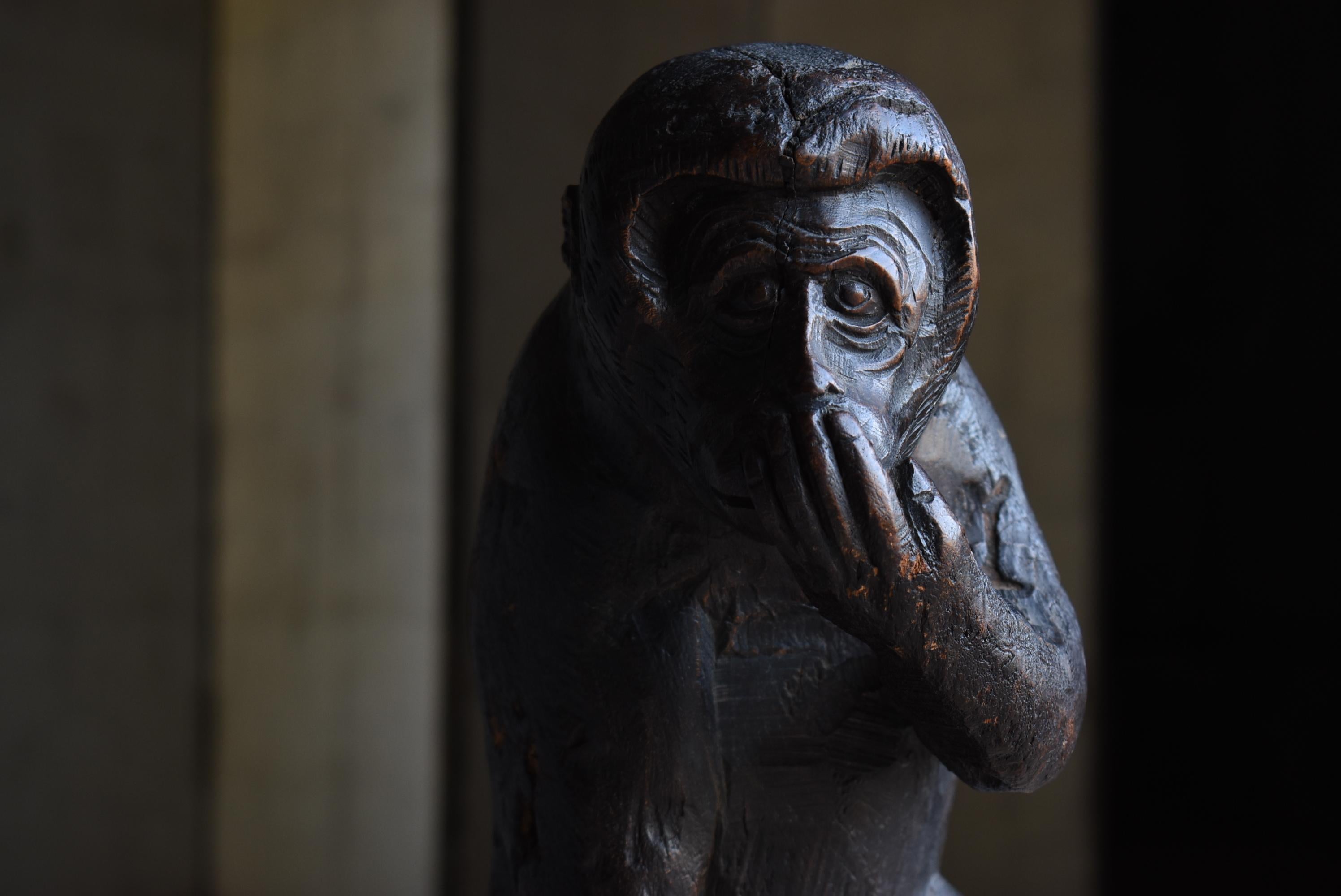 Mono Japonés Antiguo Tallado en Madera Años 1860-1920 / Escultura Wabisabi 12