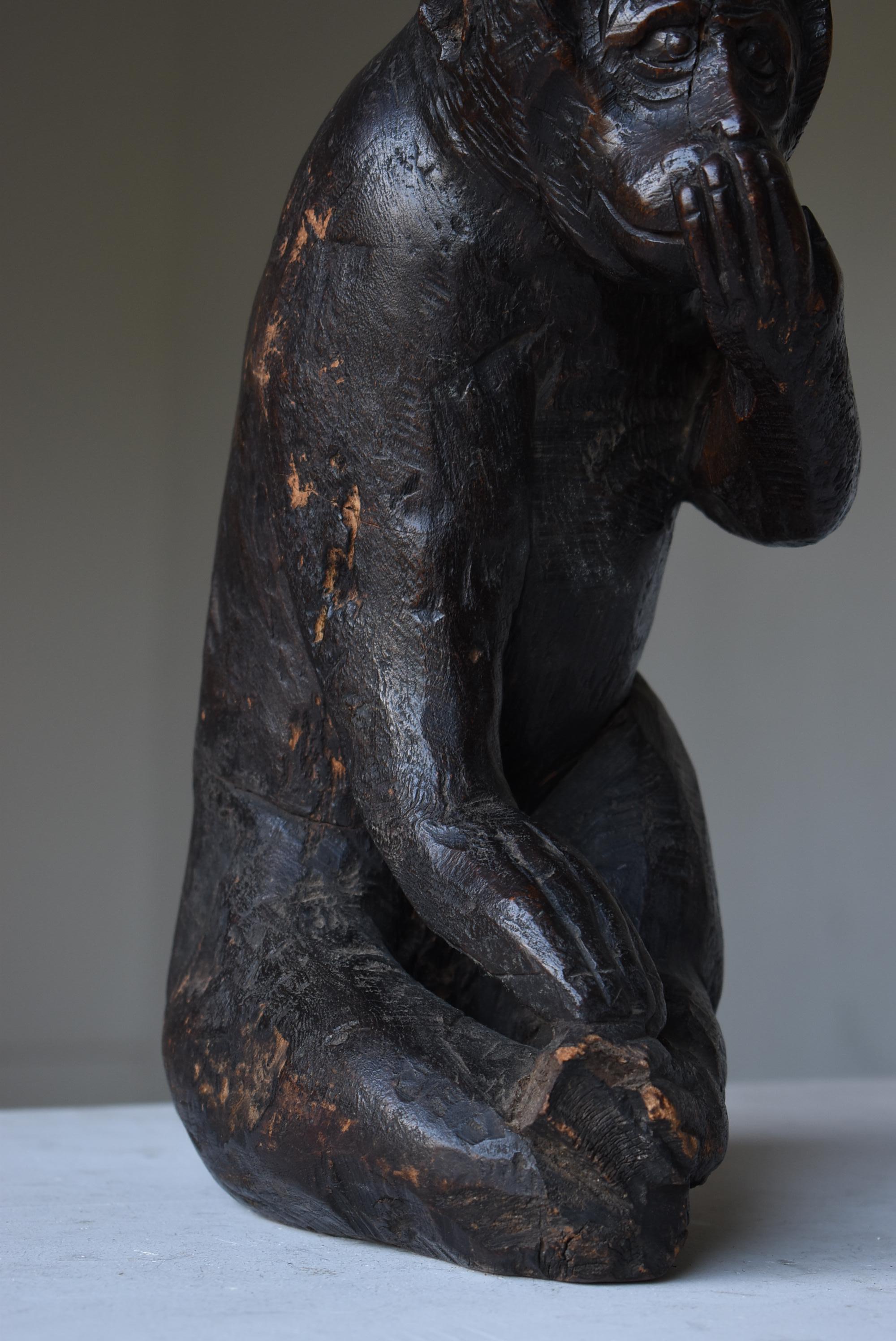Mono Japonés Antiguo Tallado en Madera Años 1860-1920 / Escultura Wabisabi Tallado a mano