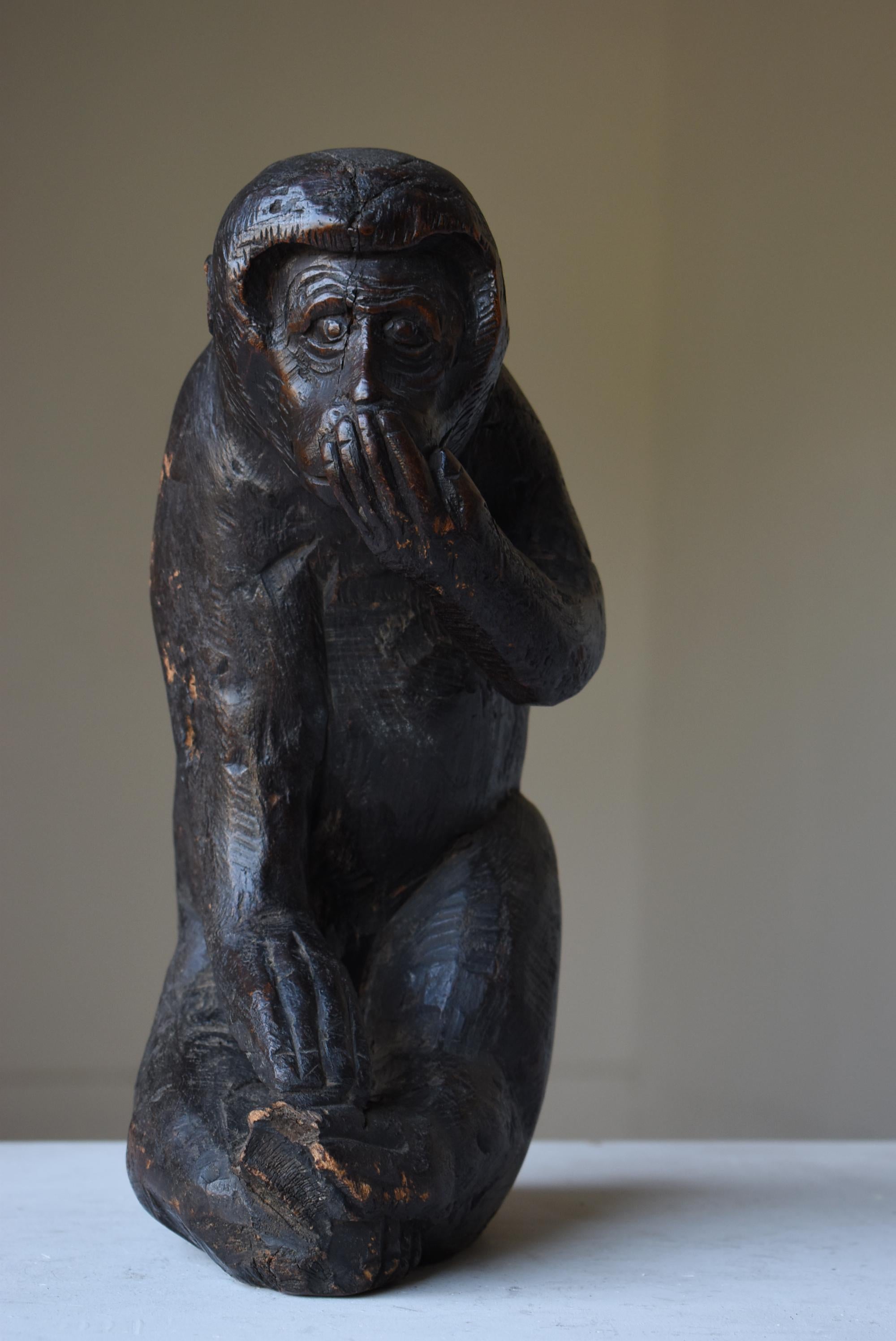 Mono Japonés Antiguo Tallado en Madera Años 1860-1920 / Escultura Wabisabi Cedro
