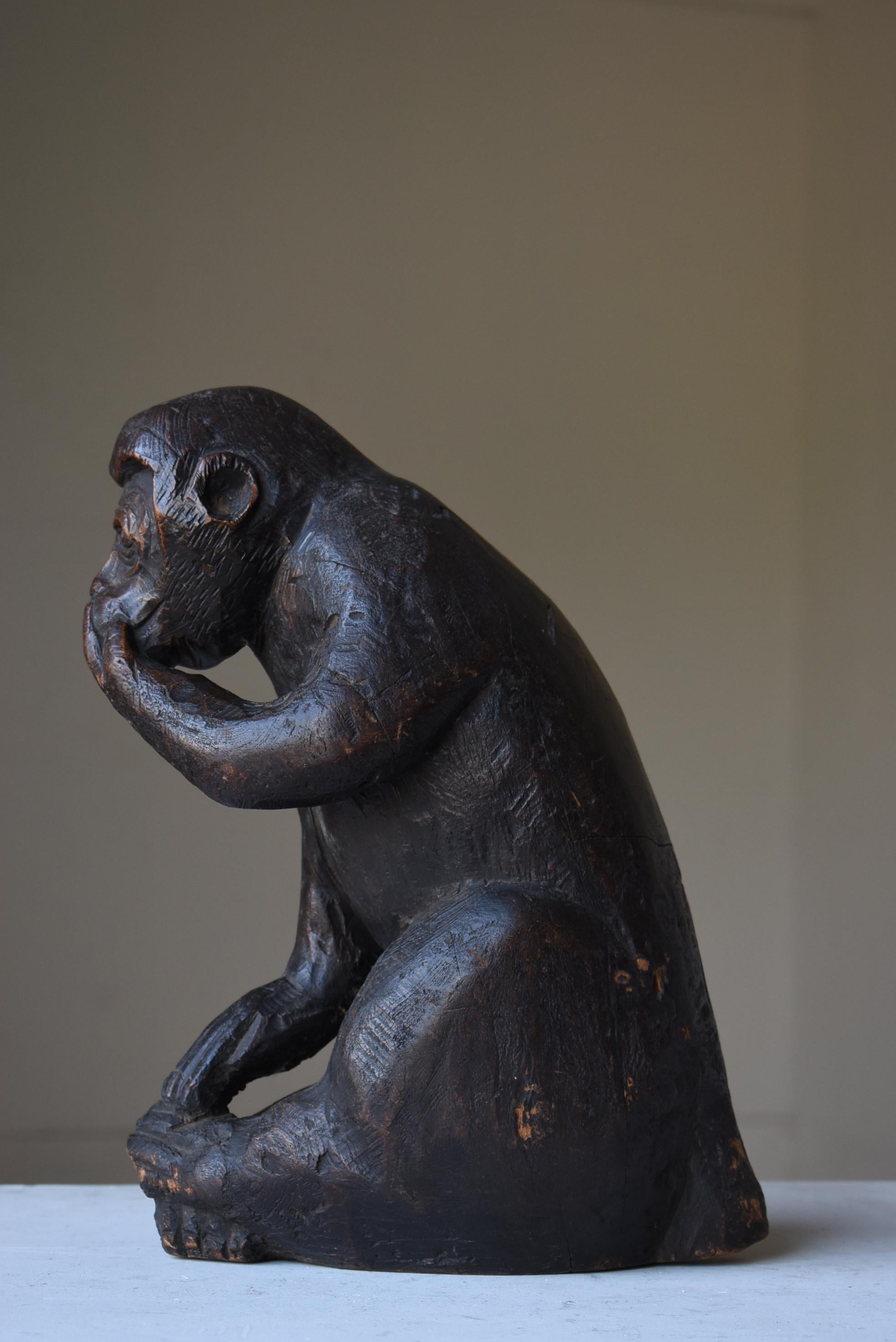 Mono Japonés Antiguo Tallado en Madera Años 1860-1920 / Escultura Wabisabi 1
