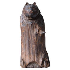 Japanese Antique Wood Carving Raccoon Dog 1860s-1900s/Figurine Object Wabi-Sabi