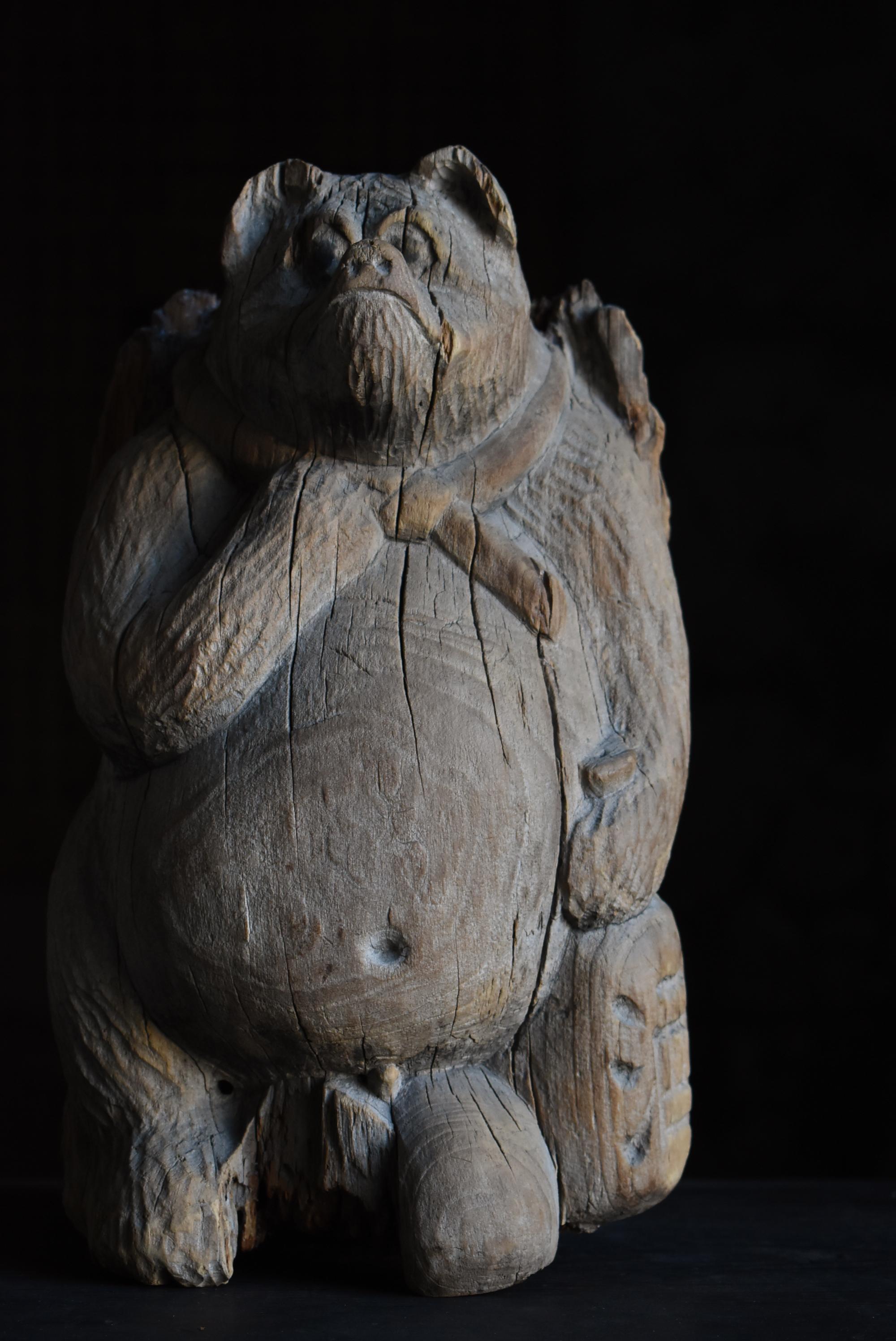 Japanese Antique Wood Carving Raccoon Dog 1900s-1940s / Object Mingei Wabi Sabi For Sale 13