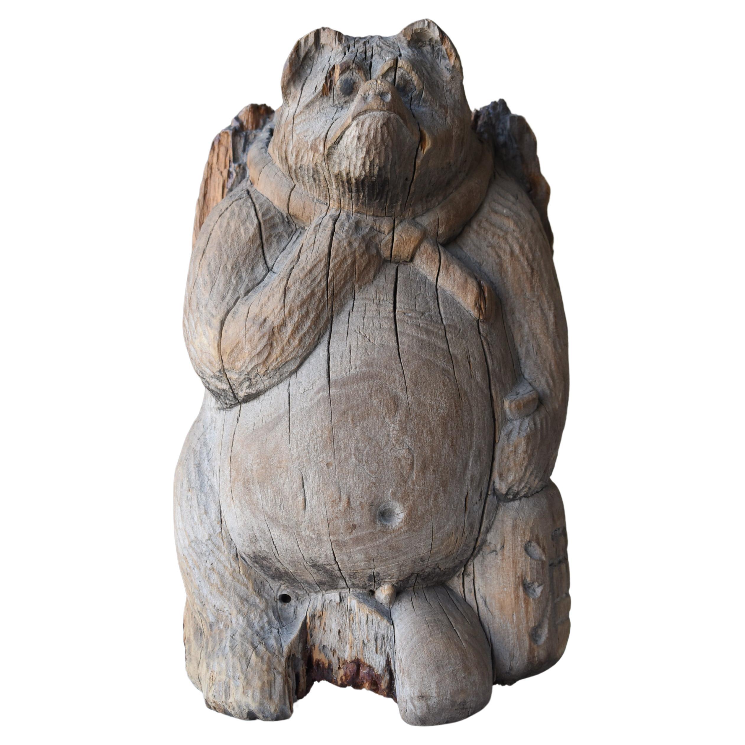 Japanese Antique Wood Carving Raccoon Dog 1900s-1940s / Object Mingei Wabi Sabi
