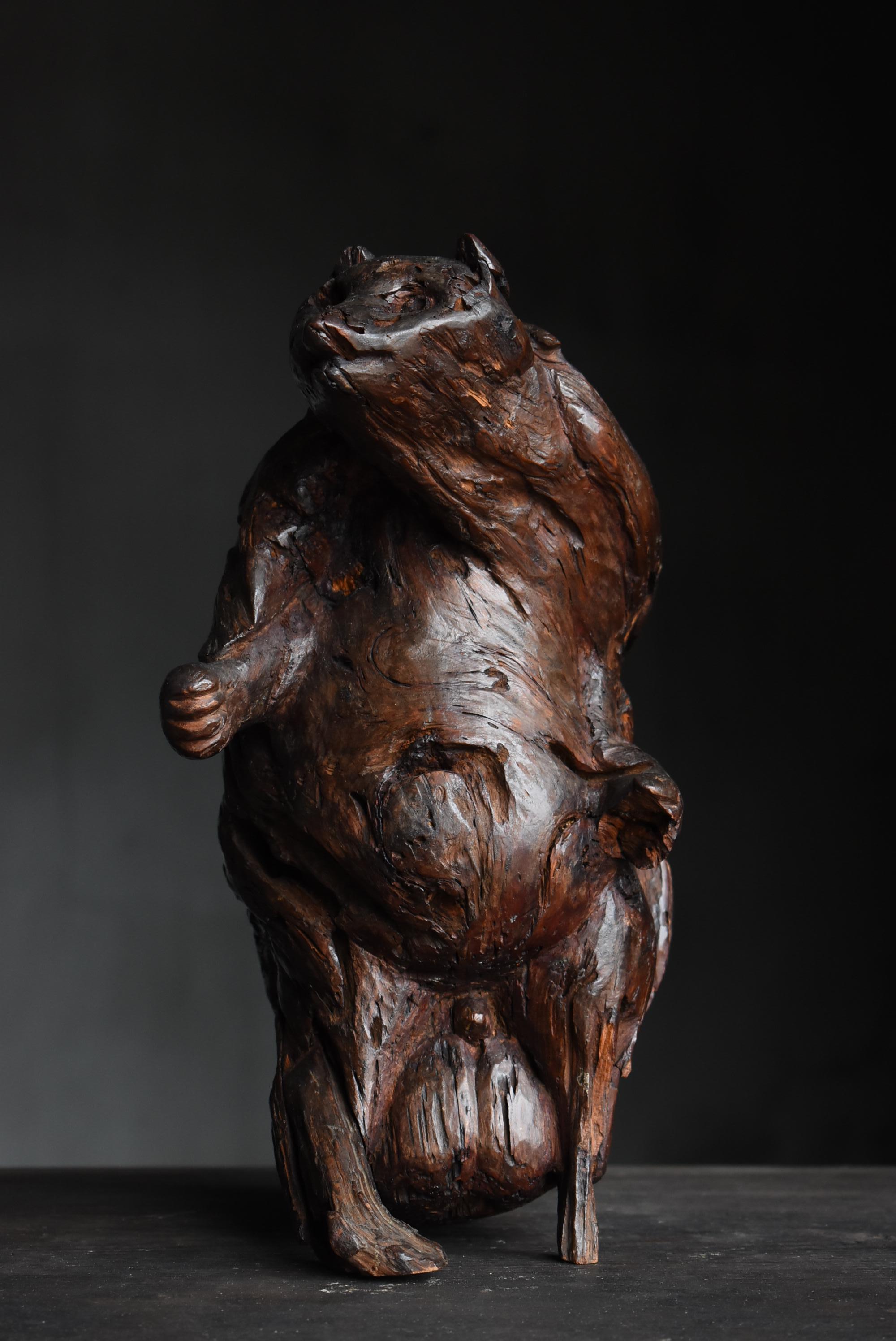 Japanese Antique Wood Carving Raccoon Dog 1900s-1940s / Sculpture Wabi Sabi For Sale 13