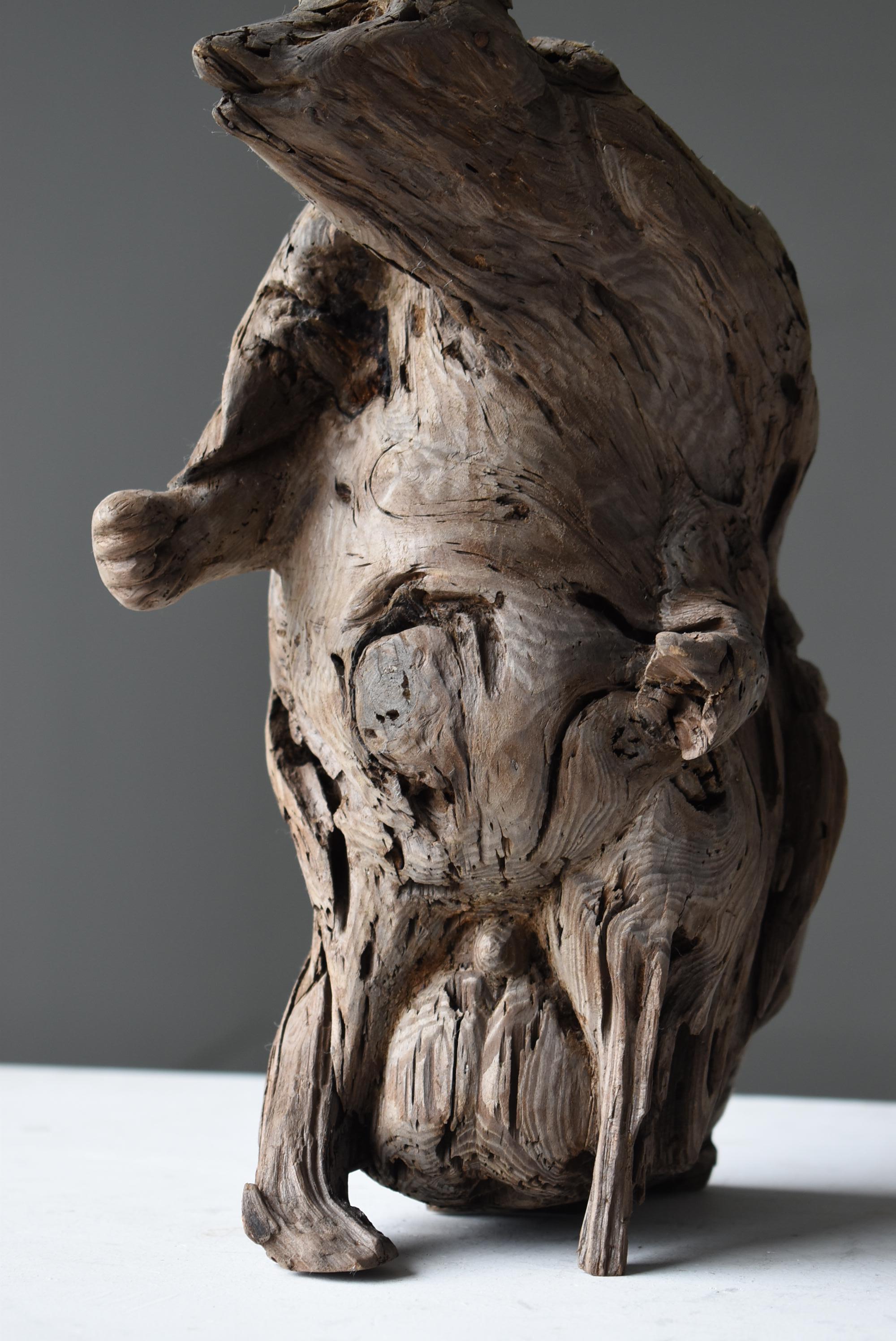 Pine Japanese Antique Wood Carving Raccoon Dog 1900s-1940s / Sculpture Wabisabi