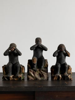 Japanese Antique Wood Carving Three Monkeys 1868–1880s / Sculpture Wabi Sabi