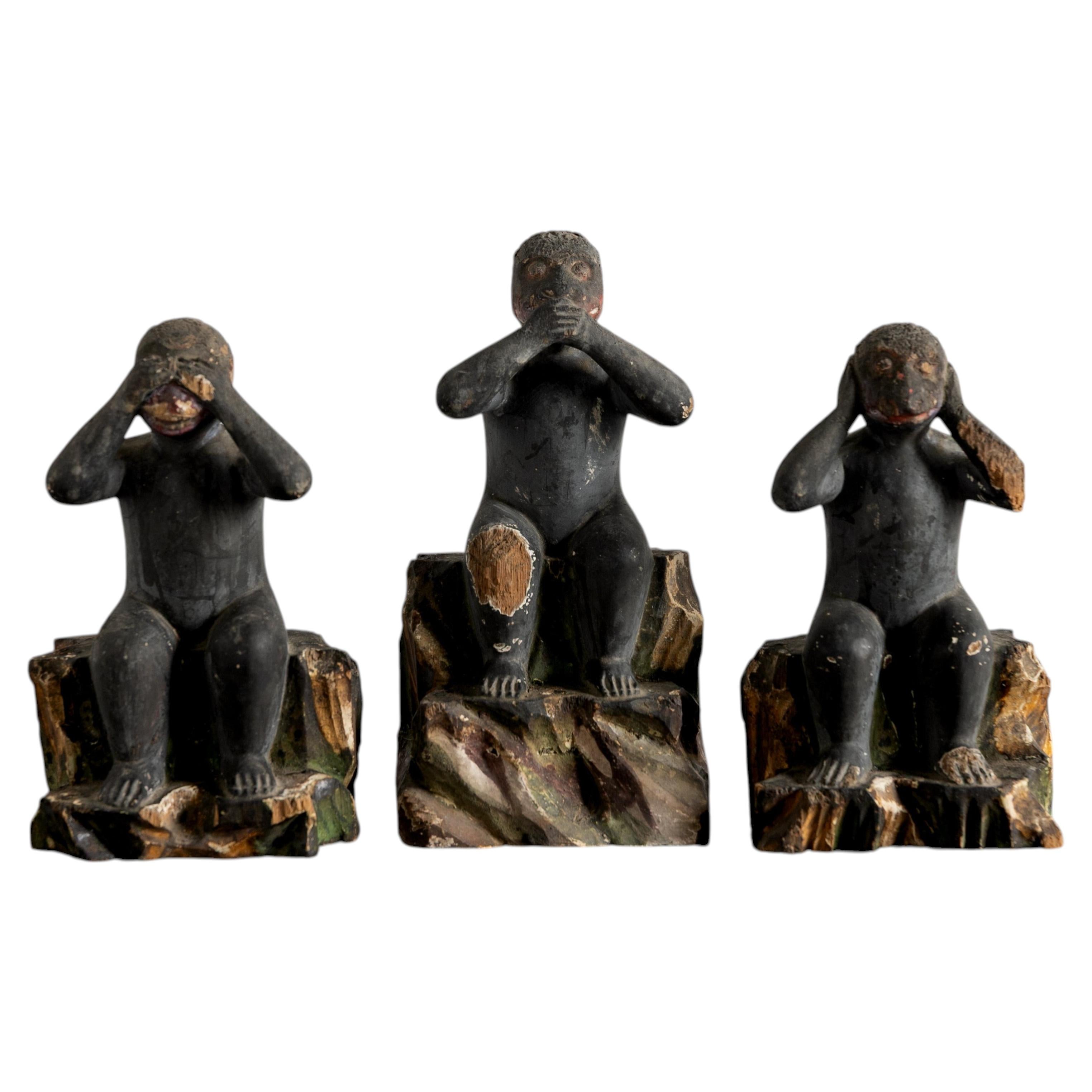 Japanese Antique Wood Carving Three Monkeys 1868–1880s / Sculpture Wabi Sabi