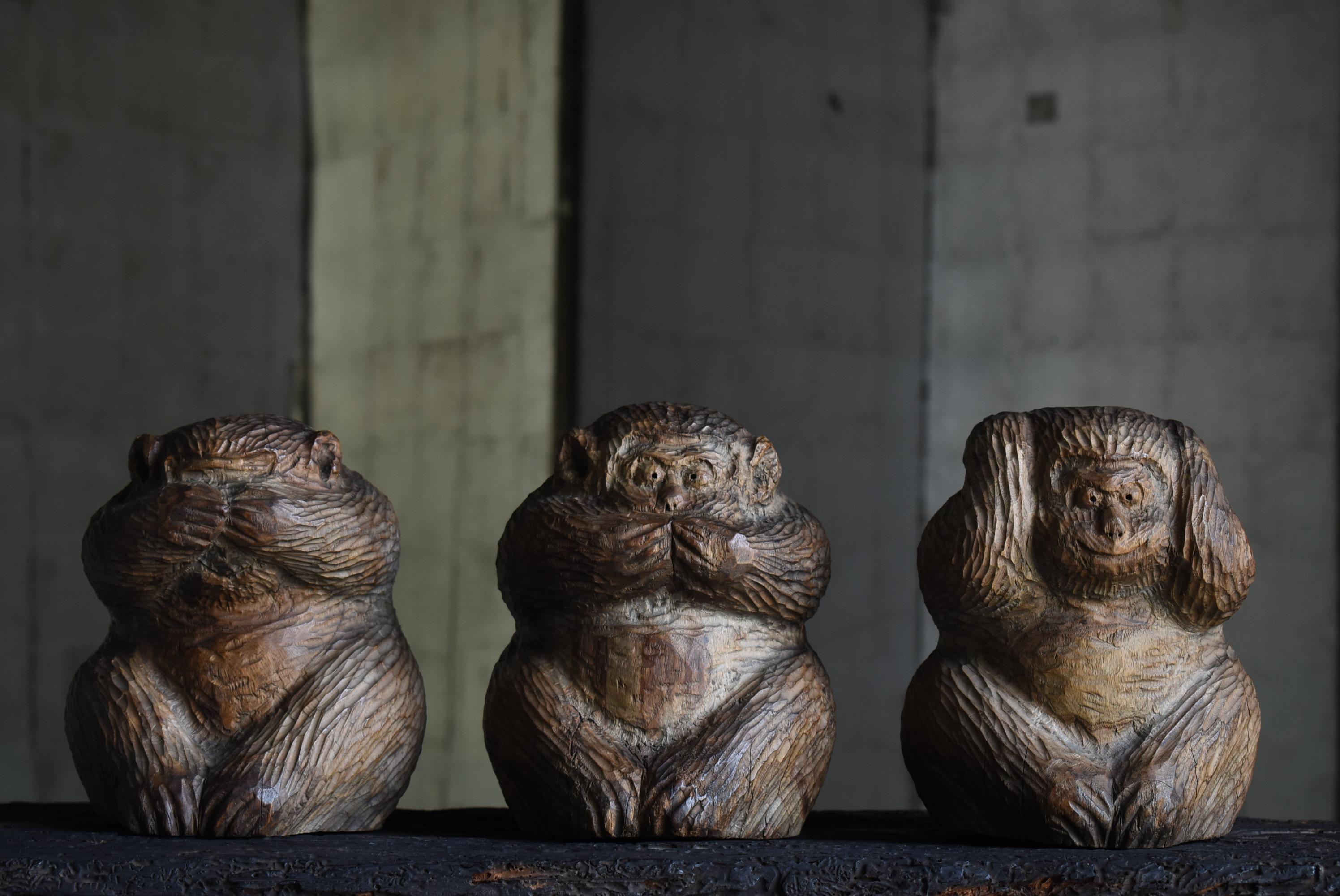 Japanese Antique Wood Carving Three Monkeys 1900s-1940s / Sculpture Wabi Sabi 11