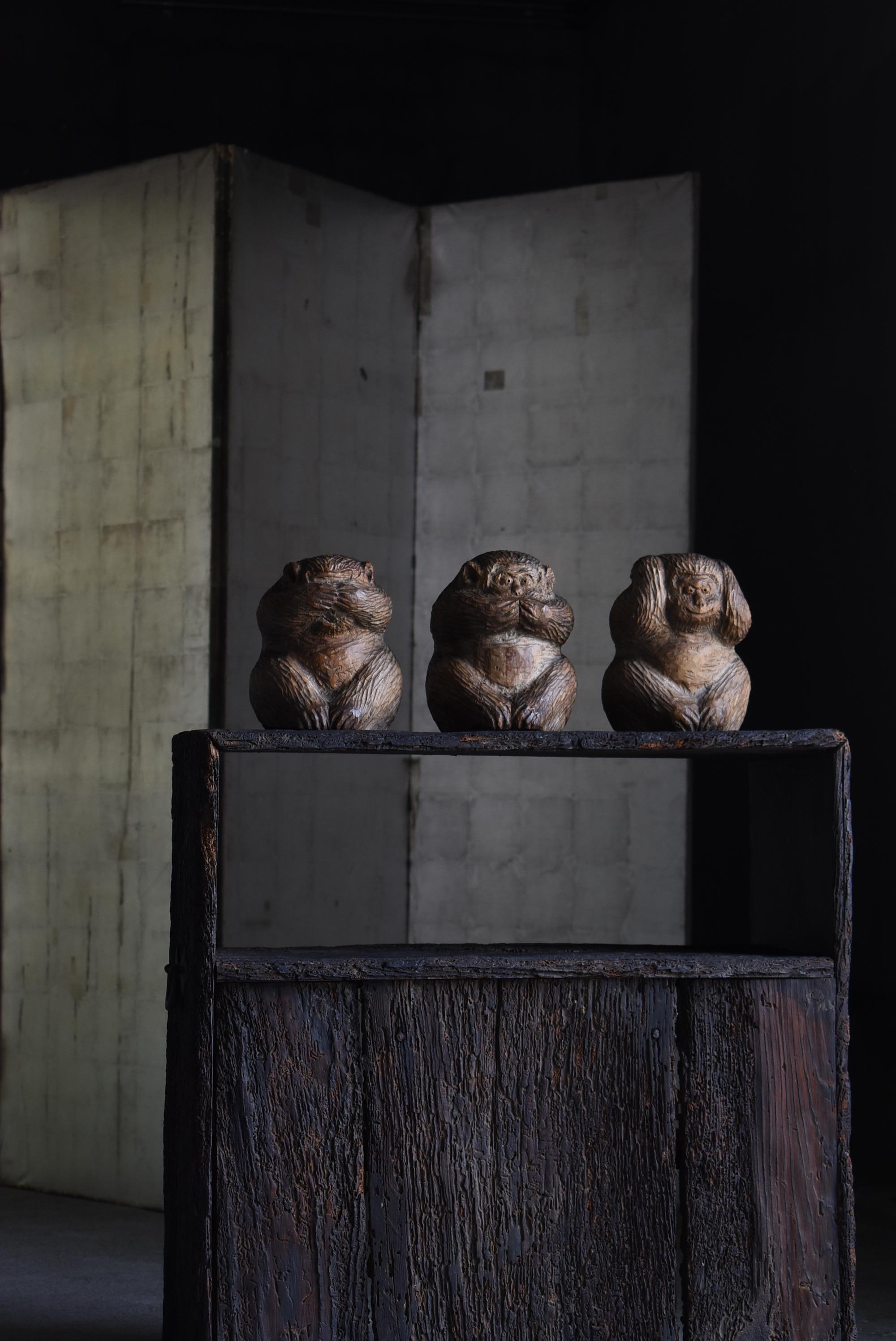 Japanese Antique Wood Carving Three Monkeys 1900s-1940s / Sculpture Wabi Sabi 12