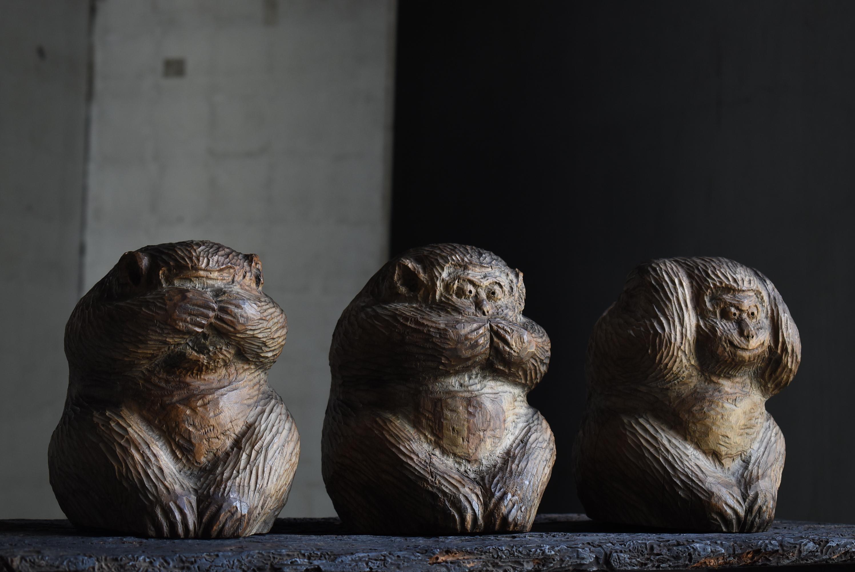 Showa Japanese Antique Wood Carving Three Monkeys 1900s-1940s / Sculpture Wabi Sabi