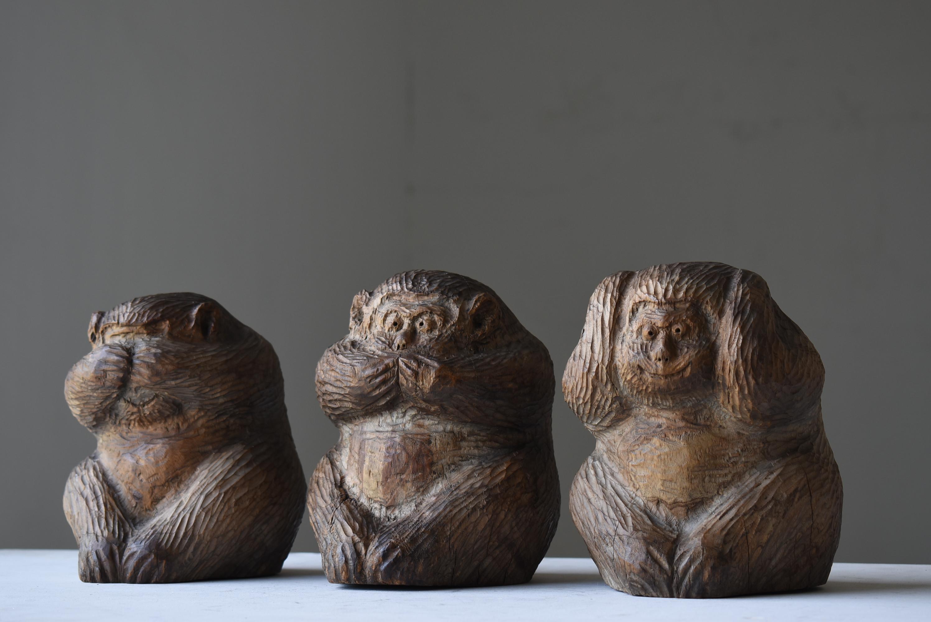 Hand-Carved Japanese Antique Wood Carving Three Monkeys 1900s-1940s / Sculpture Wabi Sabi