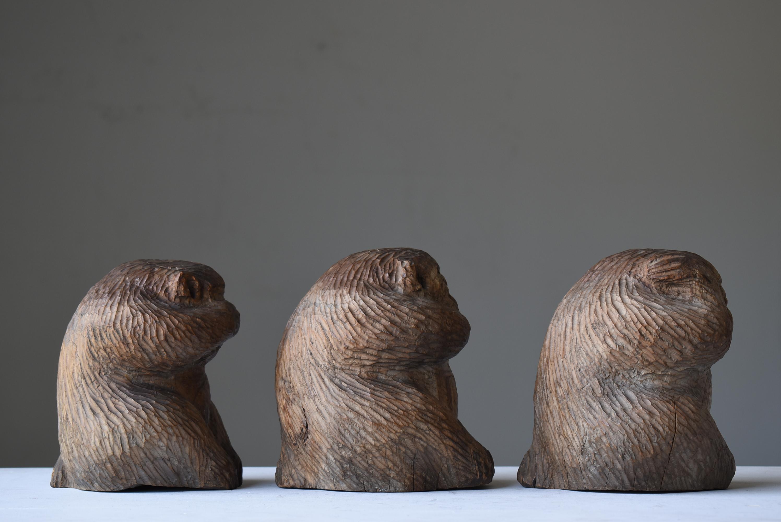 20th Century Japanese Antique Wood Carving Three Monkeys 1900s-1940s / Sculpture Wabi Sabi