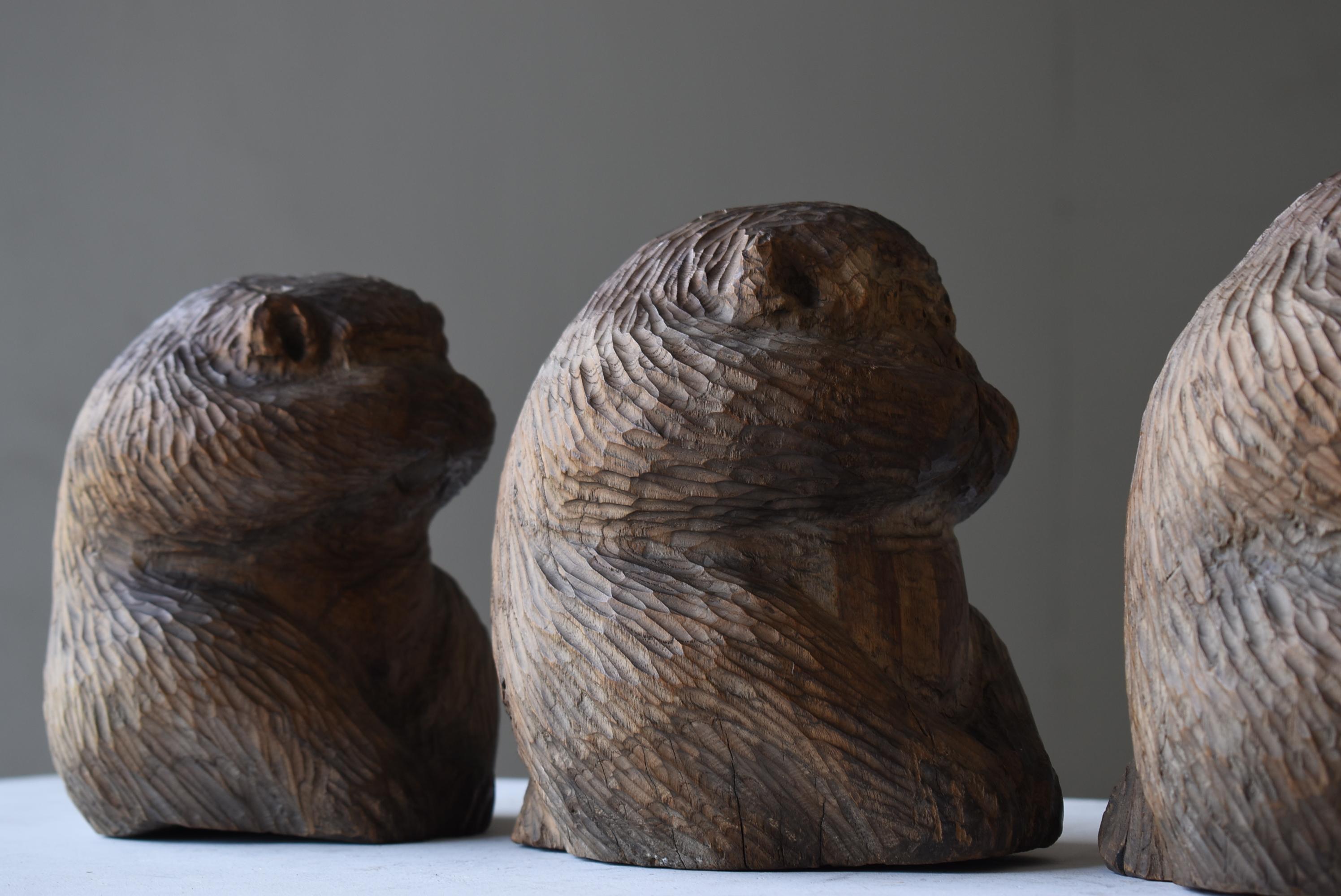 Japanese Antique Wood Carving Three Monkeys 1900s-1940s / Sculpture Wabi Sabi 1