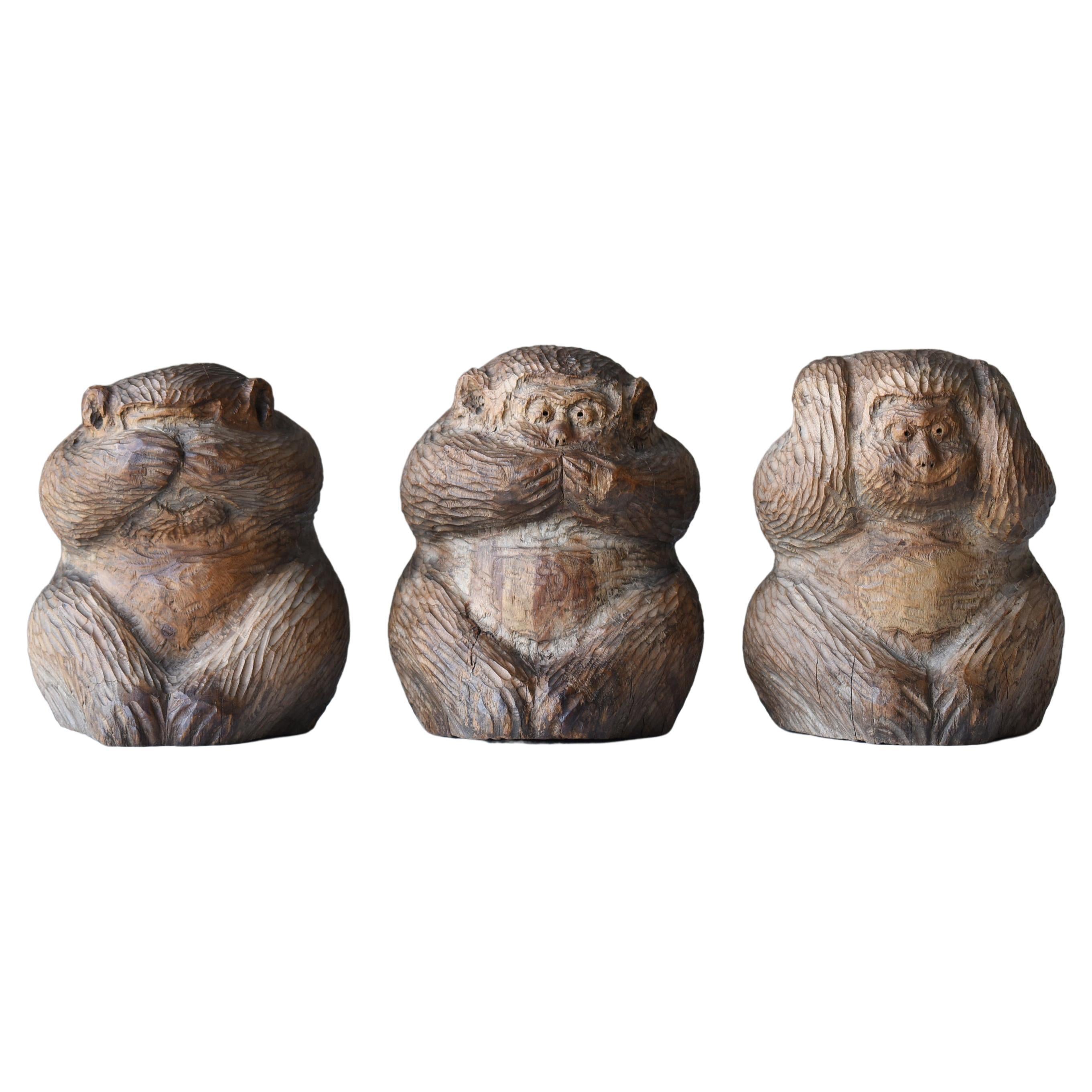 Japanese Antique Wood Carving Three Monkeys 1900s-1940s / Sculpture Wabi Sabi