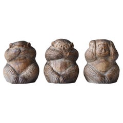 Japanese Vintage Wood Carving Three Monkeys 1900s-1940s / Sculpture Wabi Sabi