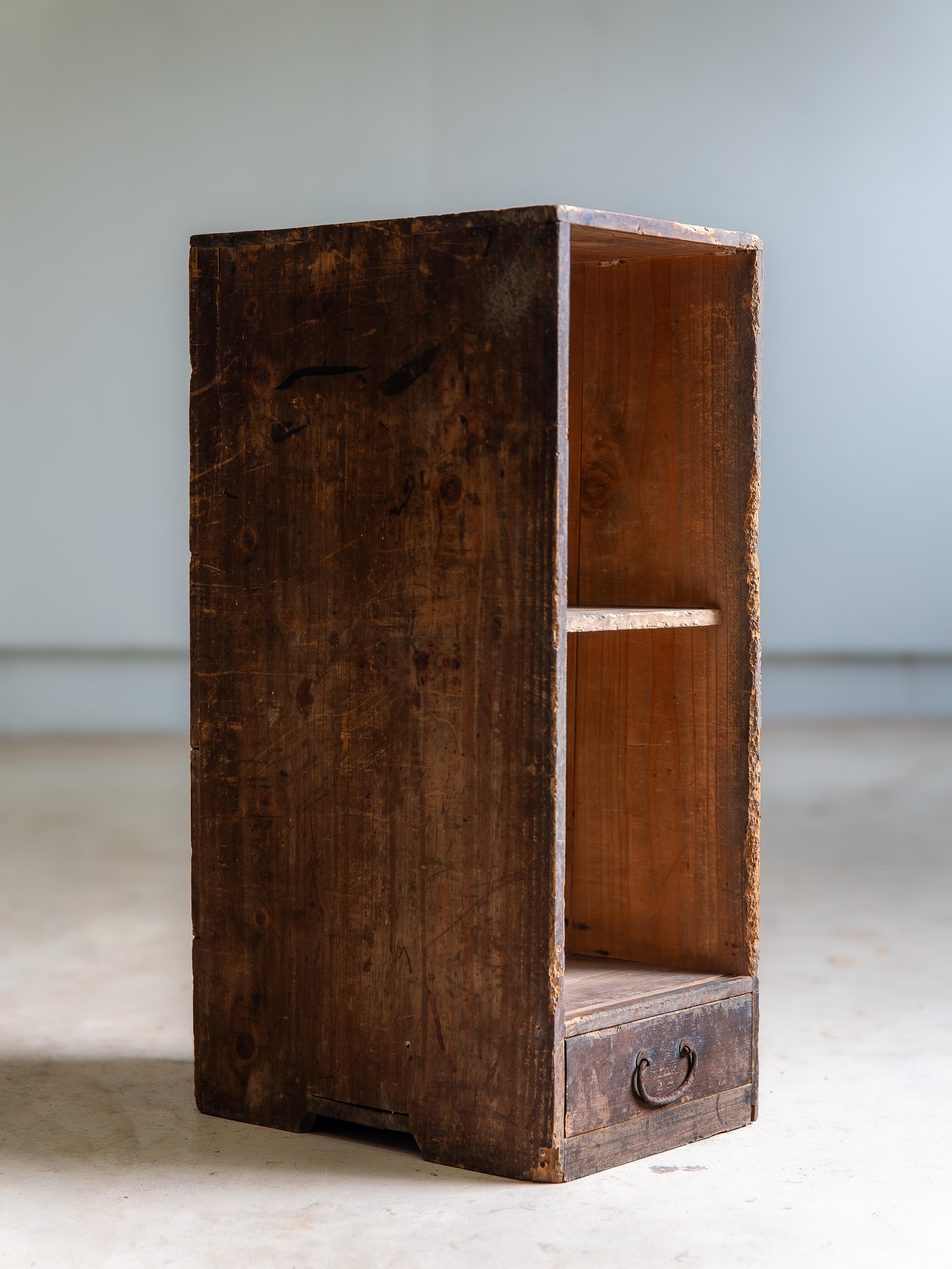 Joinery Japanese antique wooden bookcase 1898, Meiji era. wabi sabi small cabinet tansu For Sale