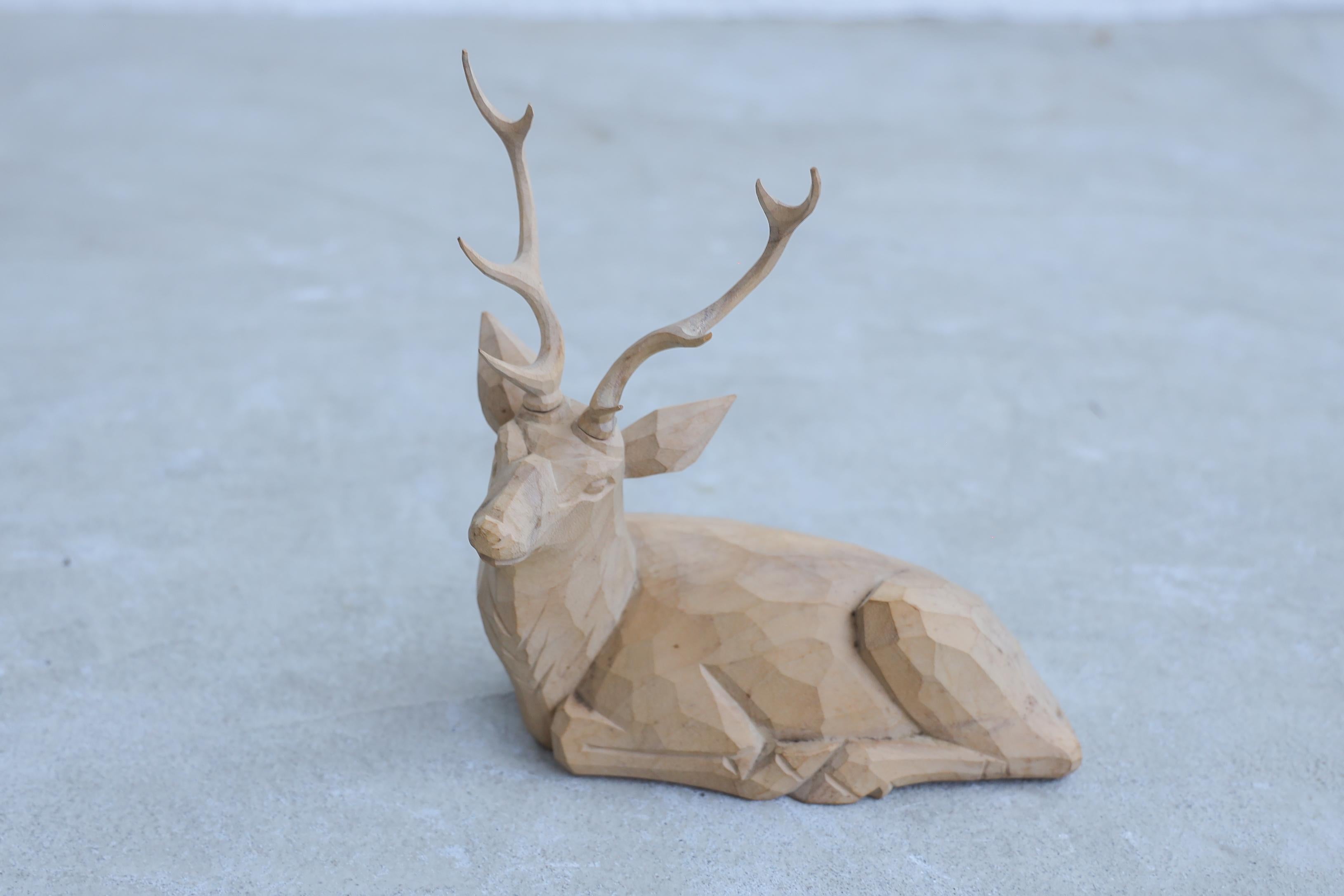 Taisho Japanese Antique Wooden  Carved Deer figurine