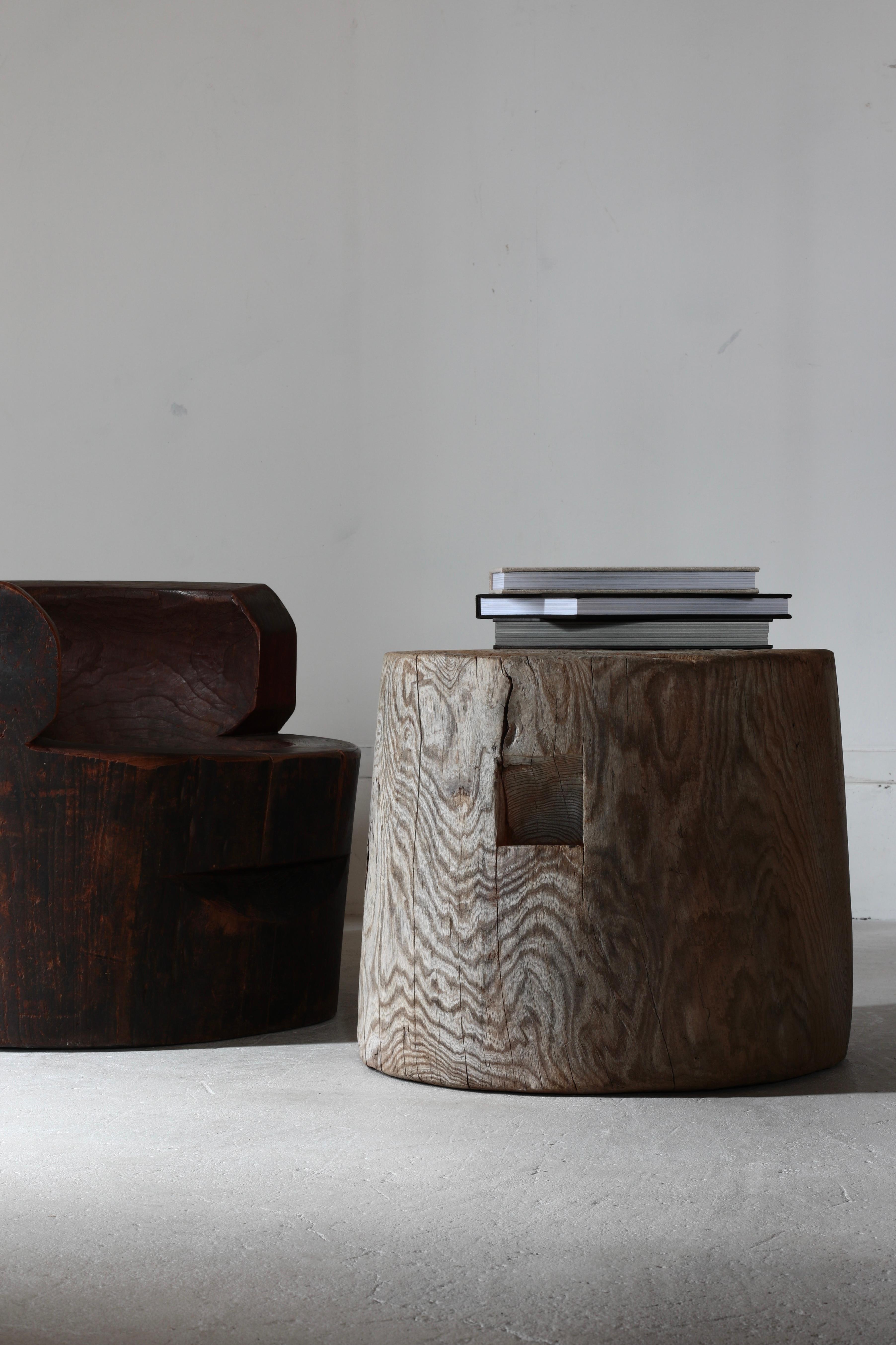 Dies ist ein Couchtisch, der aus einem alten japanischen Mörser hergestellt wurde.

Es gibt Spuren, die auf die Verwendung von Zelkova hindeuten, und es wird angenommen, dass sie mit Werkzeugen handgeschnitzt wurden.

Ausdrucksformen, die von