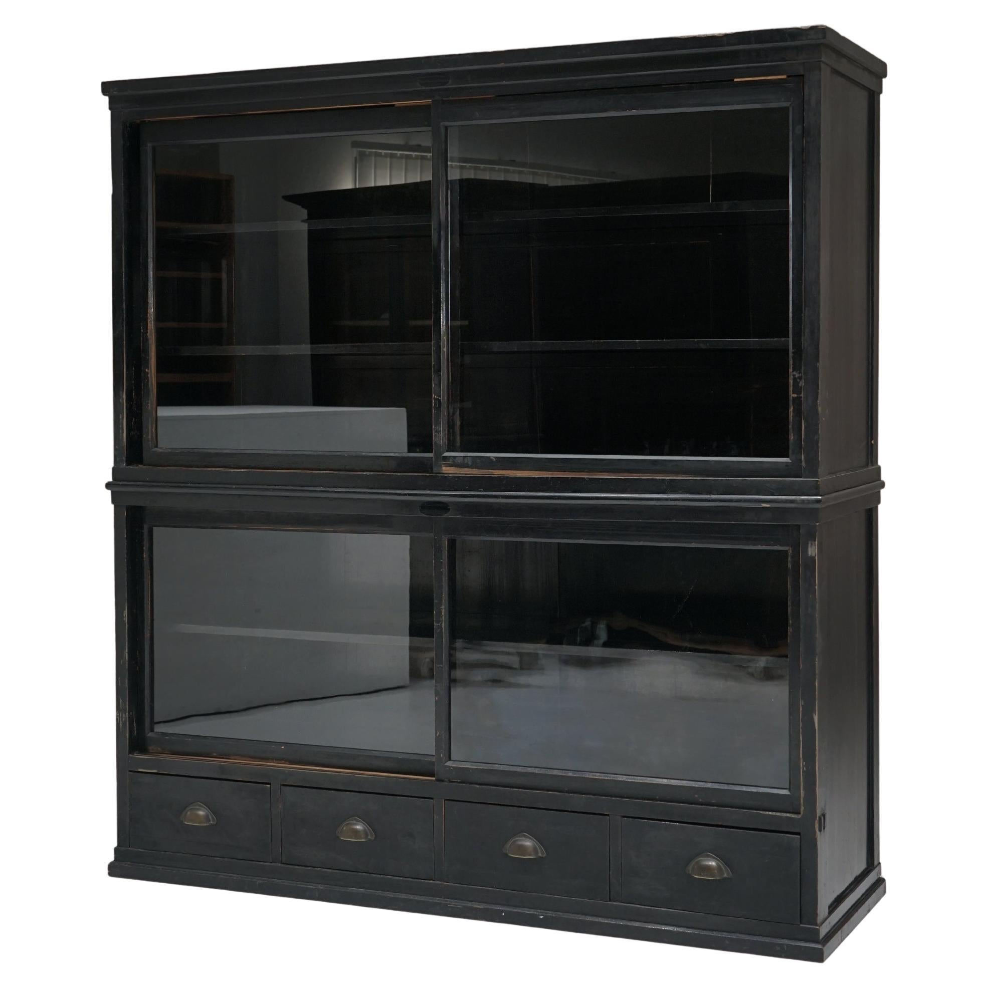 Japanese Antique Wooden Glass Cabinet Showcase, 1930s–1950s, Japandi Wabi-Sabi