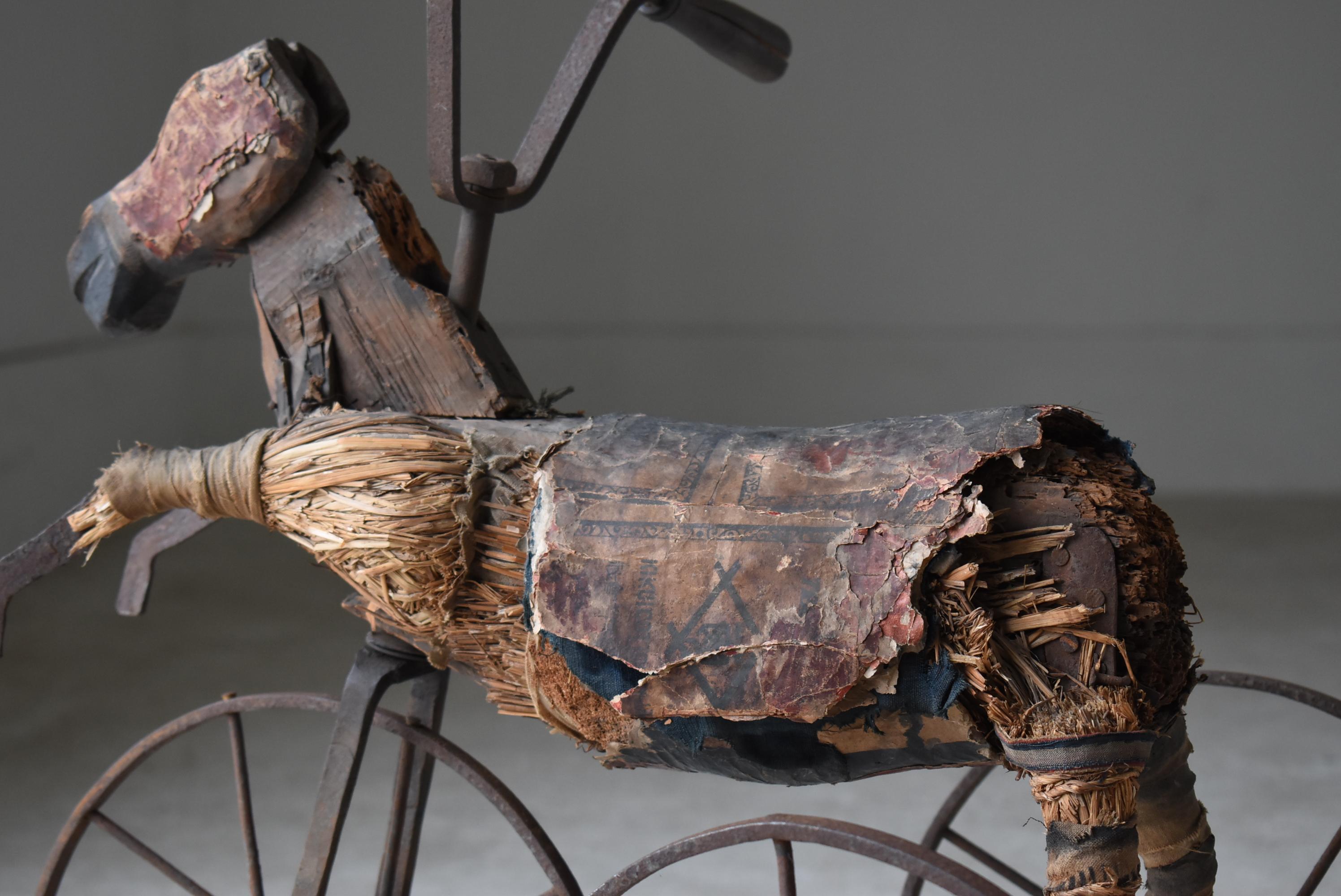 Straw Japanese Antique Wooden Horse Tricycle 1860s-1900s / Sculpture Wabisabi  For Sale