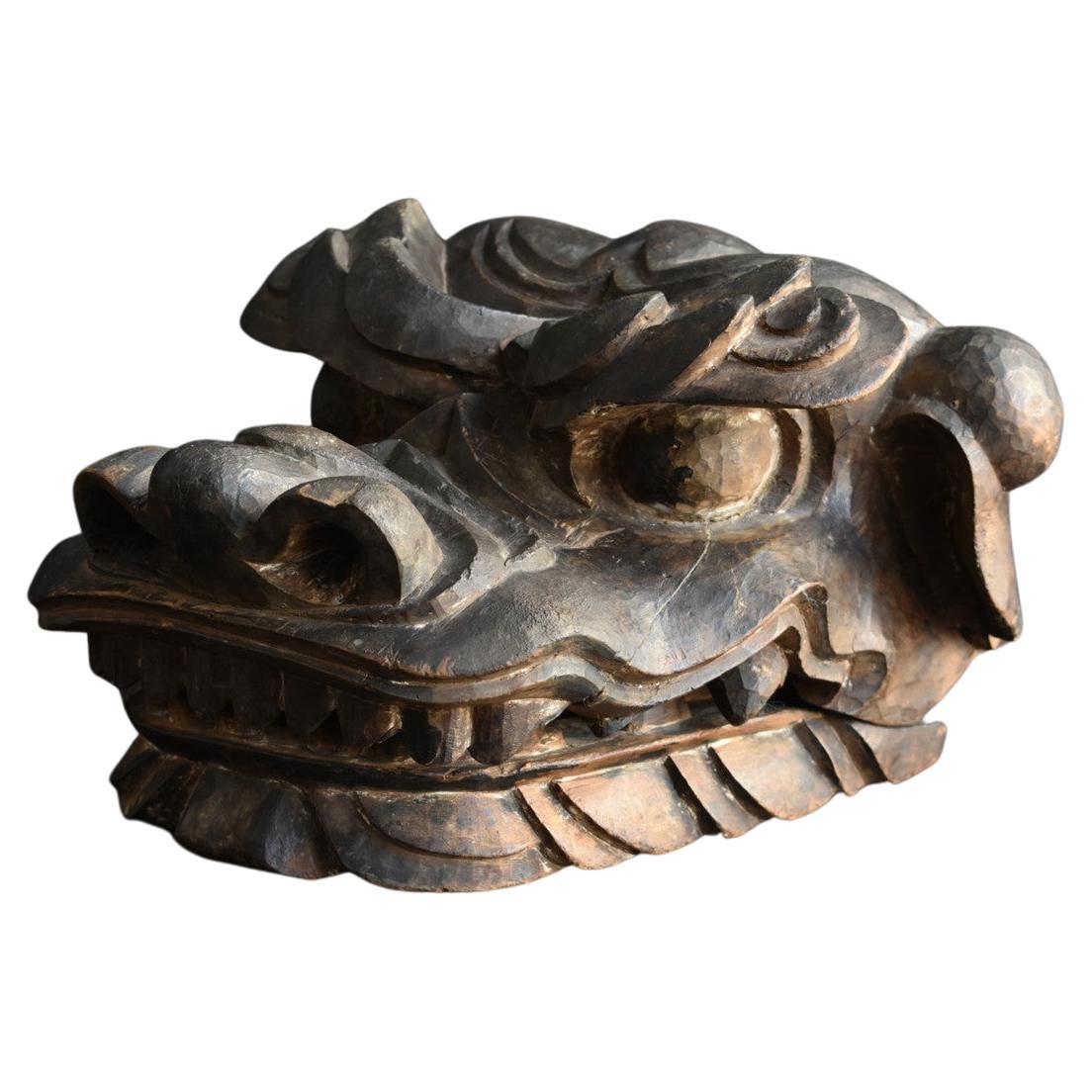 Japanese Antique Wooden Lion Mask Engraving Edo Period/1750-1868/Shrine Festival