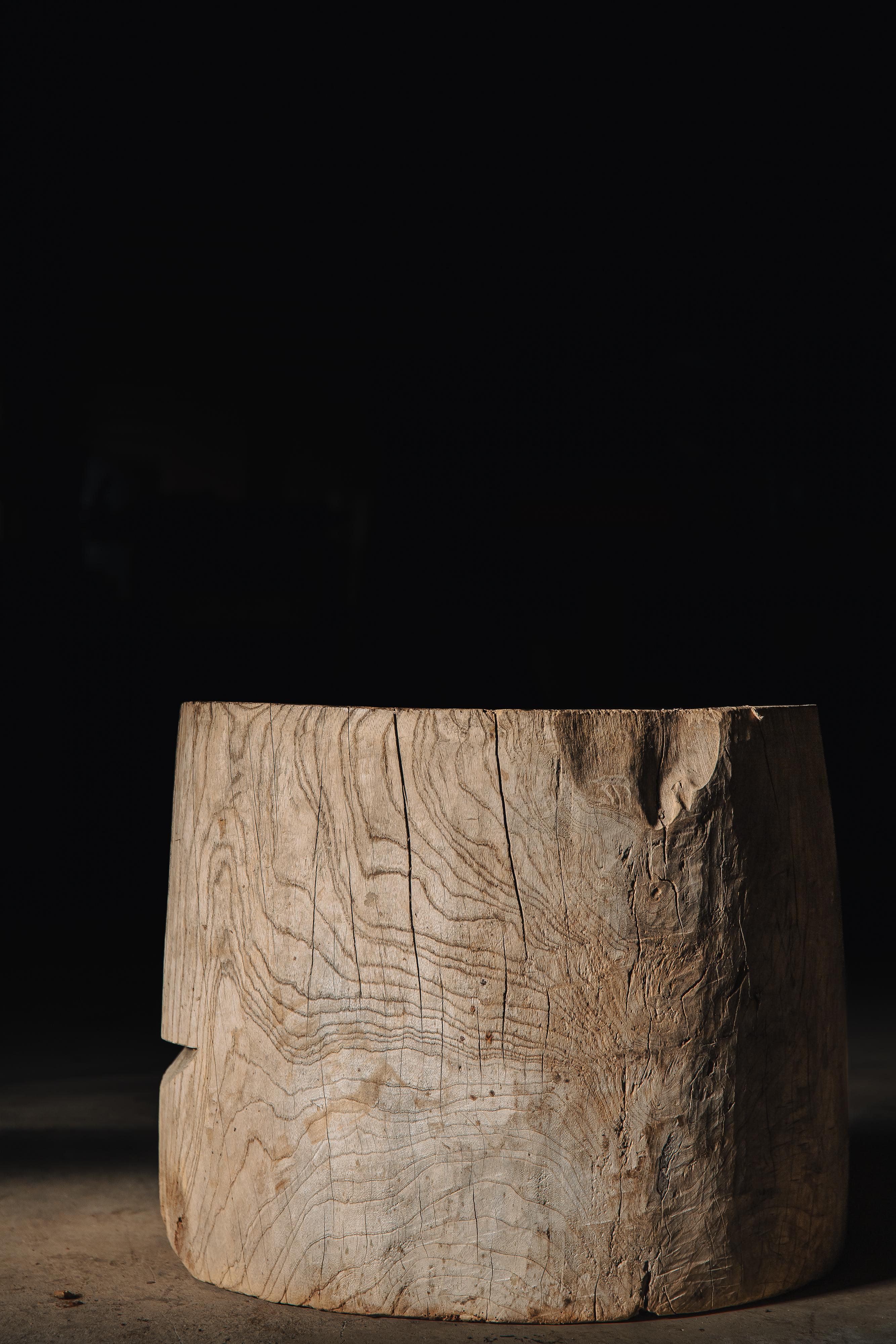 Folk Art Japanese antique wooden mortar. side table or coffee table. wabi sabi For Sale