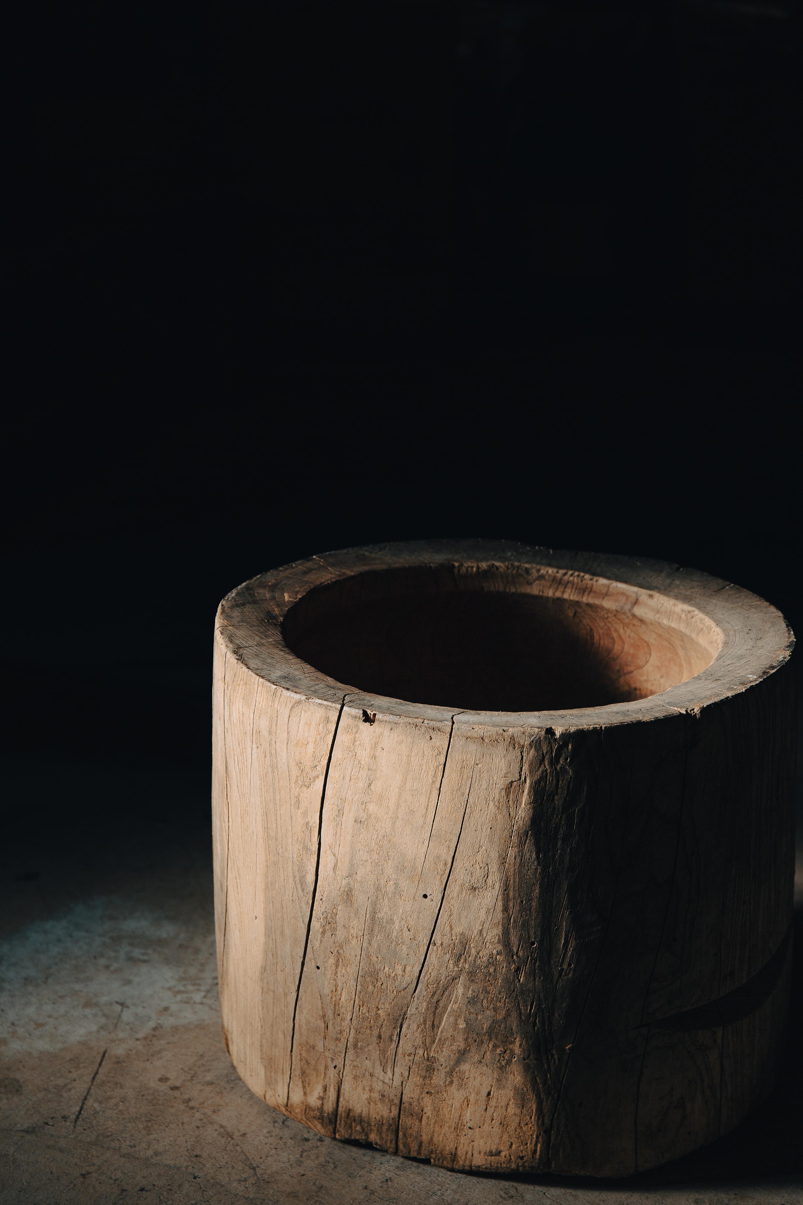 19th Century Japanese antique wooden mortar. side table or coffee table. wabi sabi For Sale
