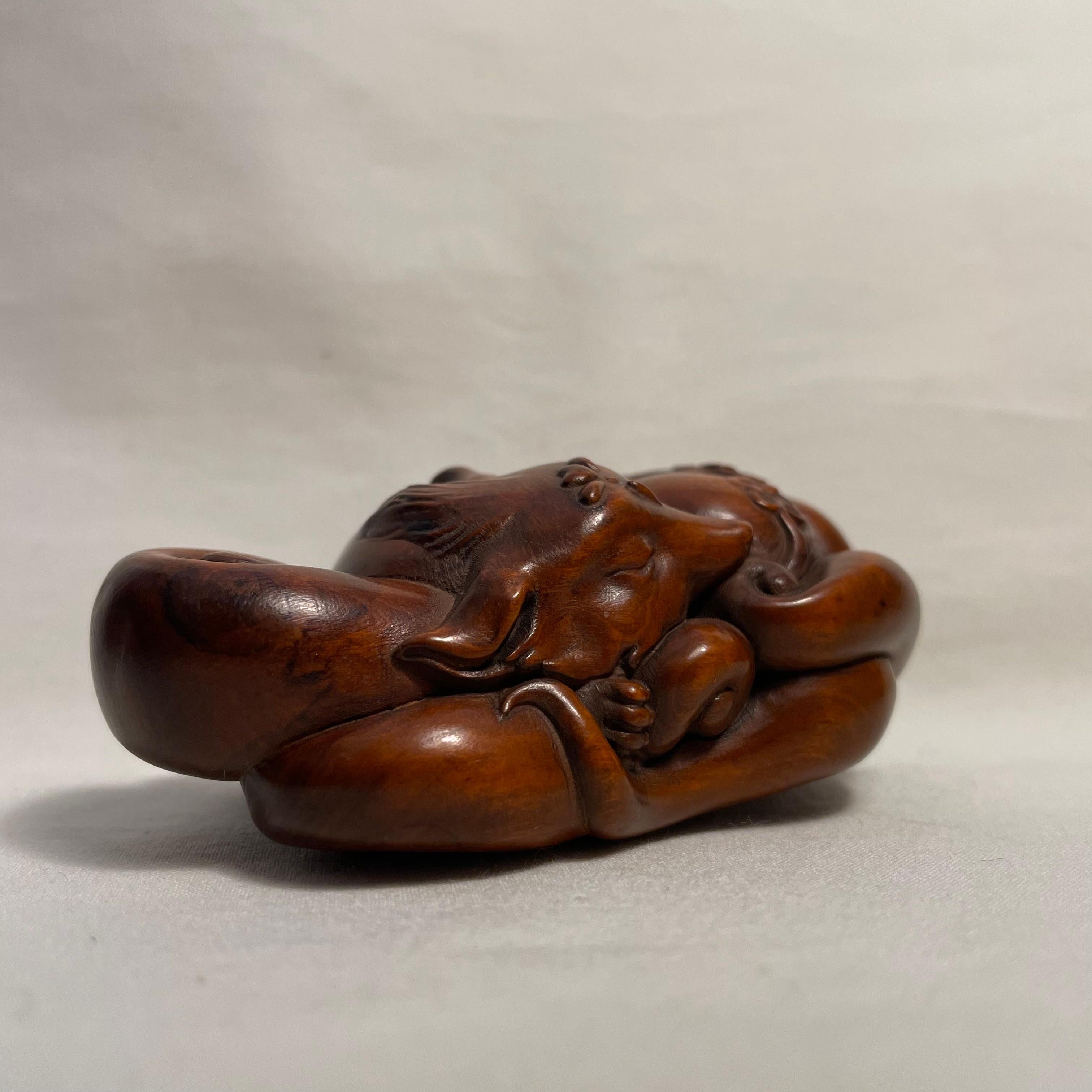 Hand-Carved Japanese Antique Wooden Netsuke 'Buffalo' 1920s Taisho For Sale