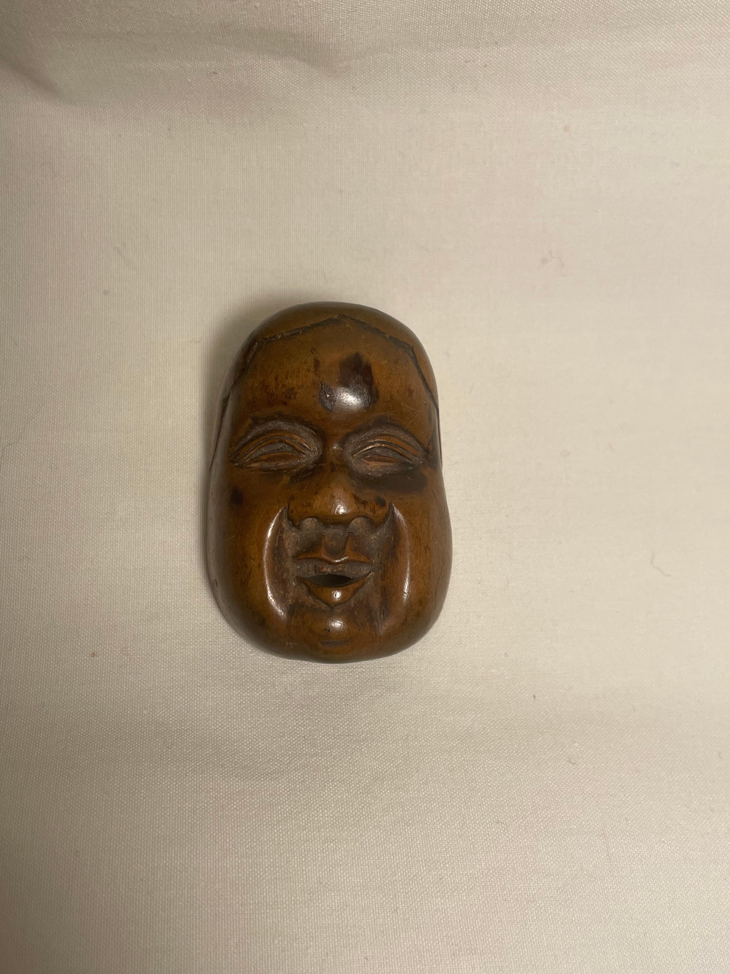 Hand-Carved Japanese Antique Wooden Netsuke 'Onnamen' 1950s For Sale