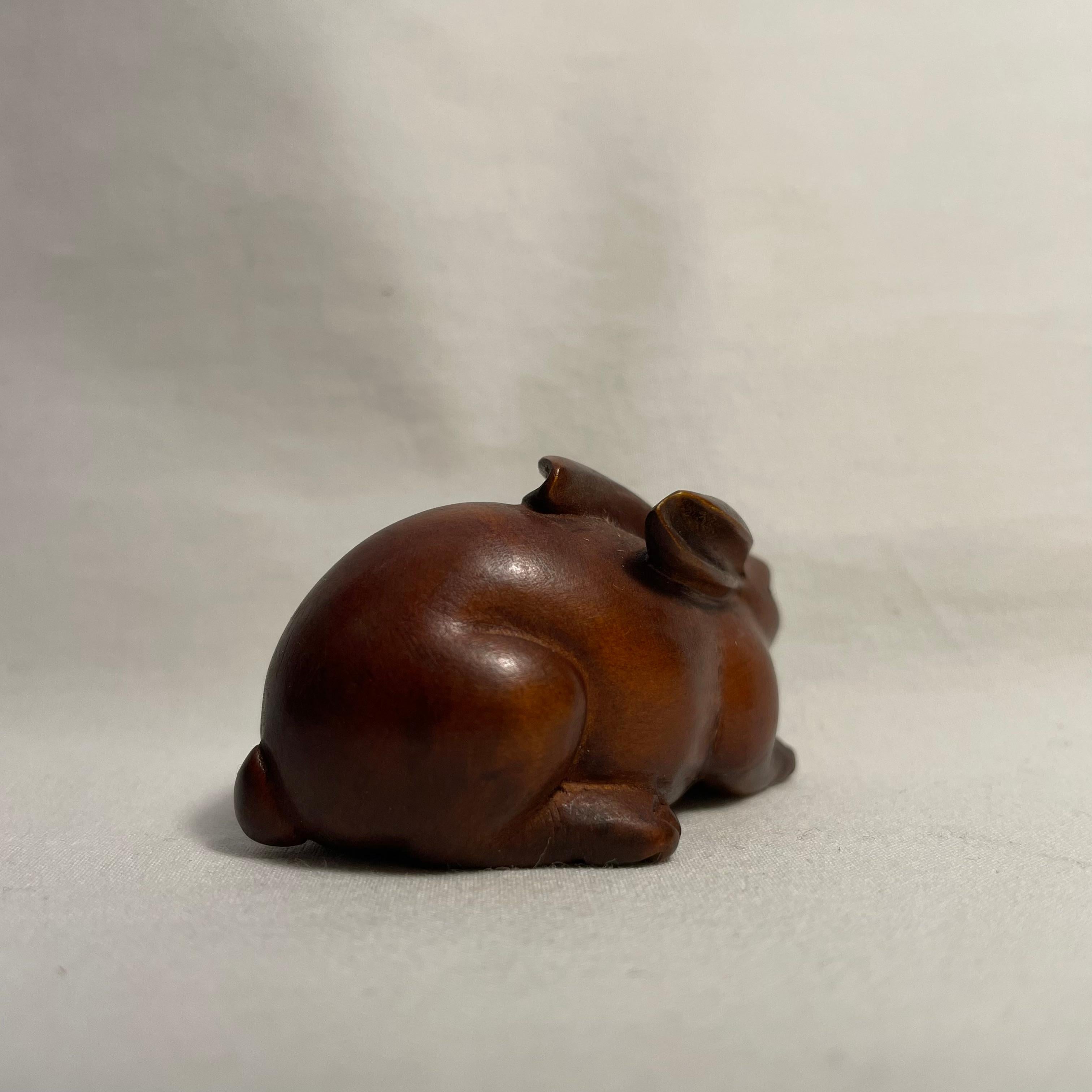 Hand-Carved Japanese Antique Wooden Netsuke 'Rabbit' 1920s Taisho era