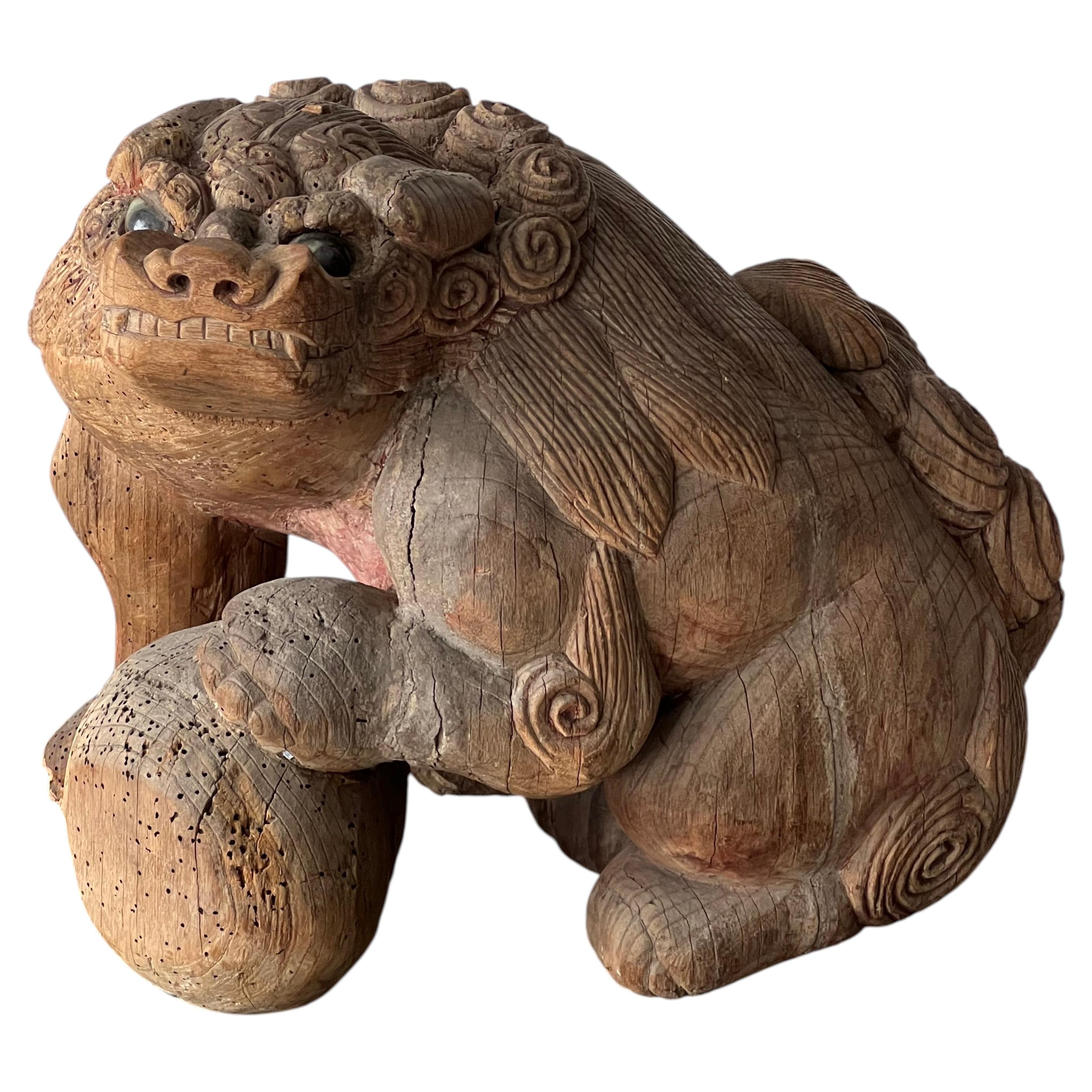 Japanese Antique Wooden Sculpture Komainu(Guardian Lion-Dog)1600s~1680s Wabisabi