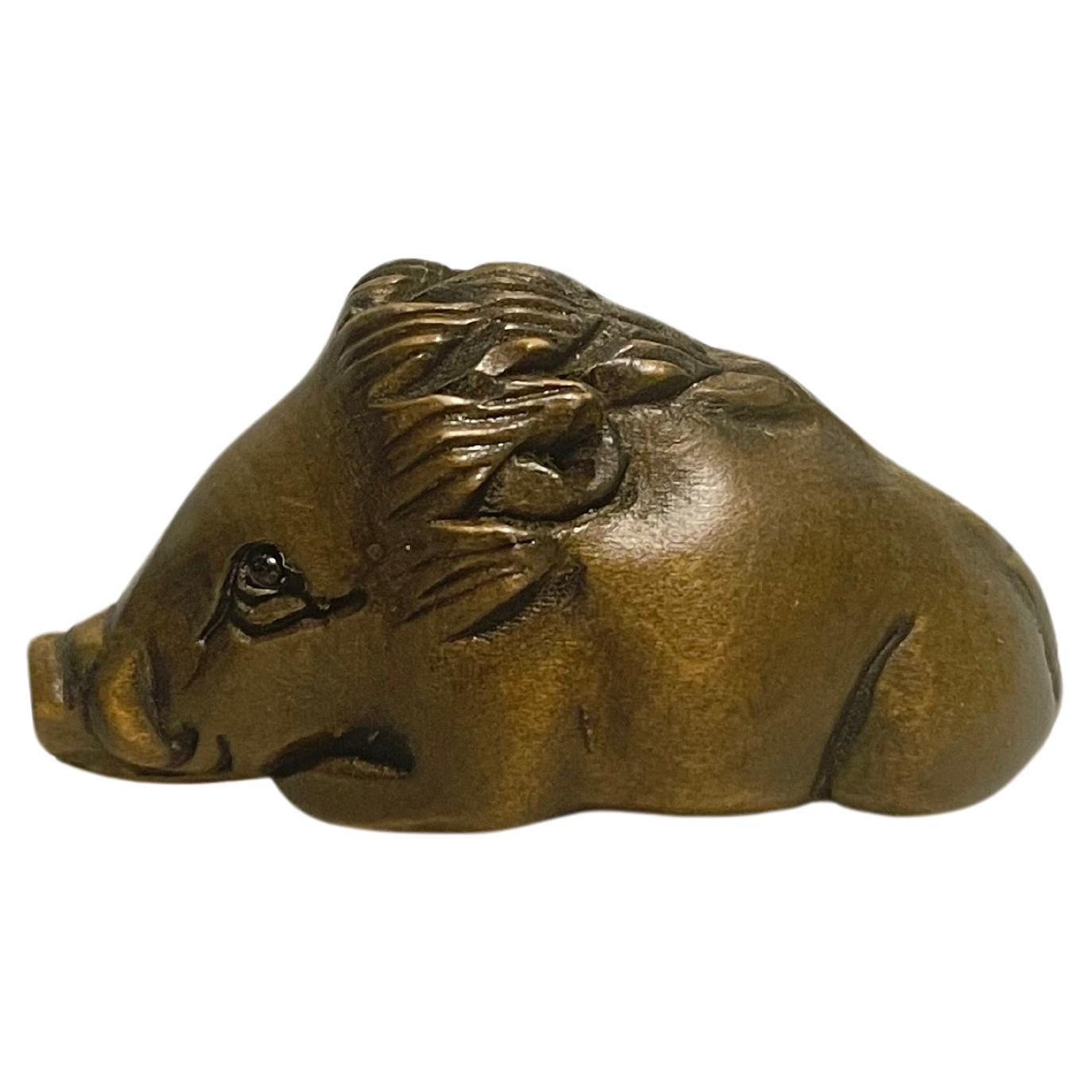 Japanese Antique Wooden Small Netsuke 'Laying Wild Boar' 1960s