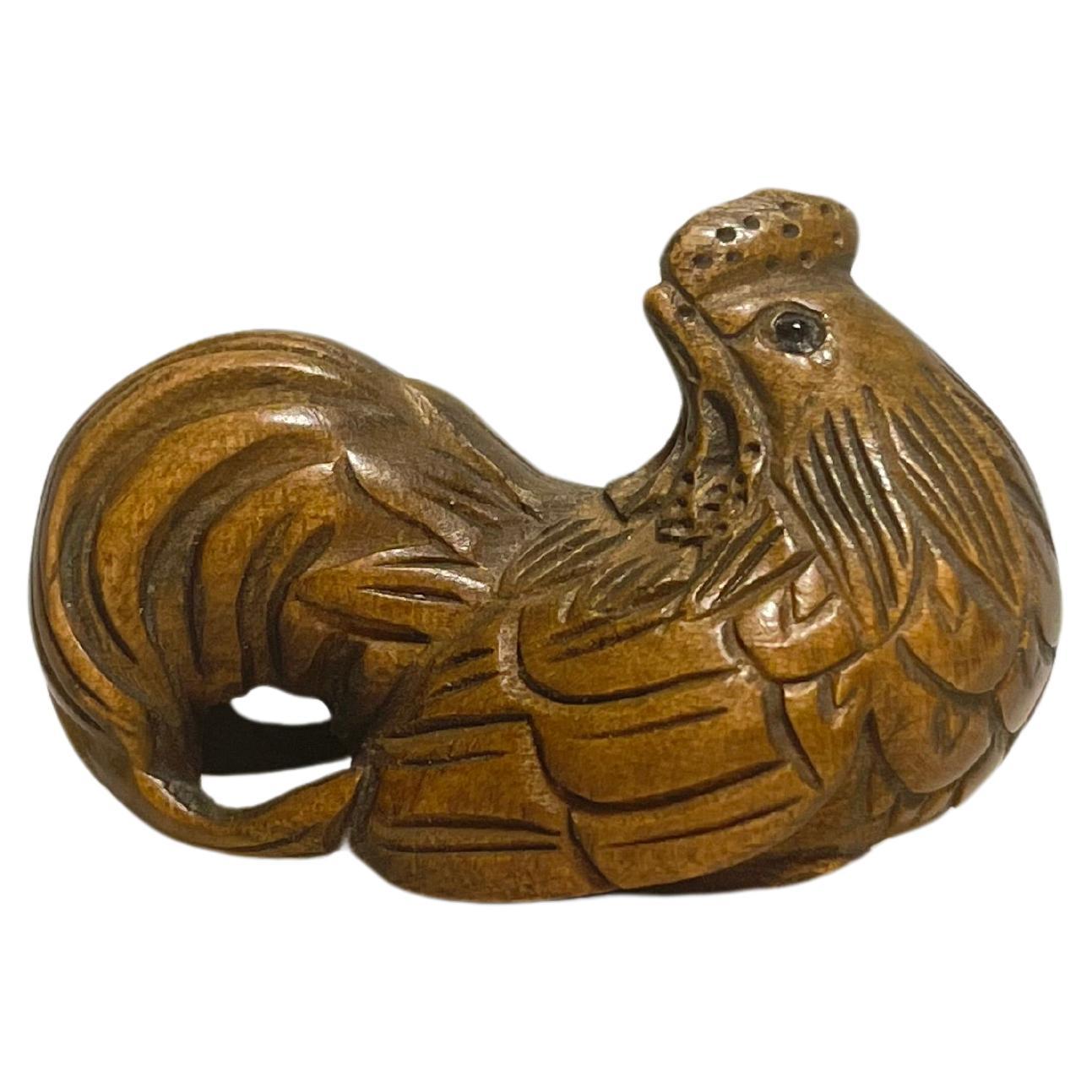 Japanese Antique Wooden Small Netsuke 
Rooster
 1960s