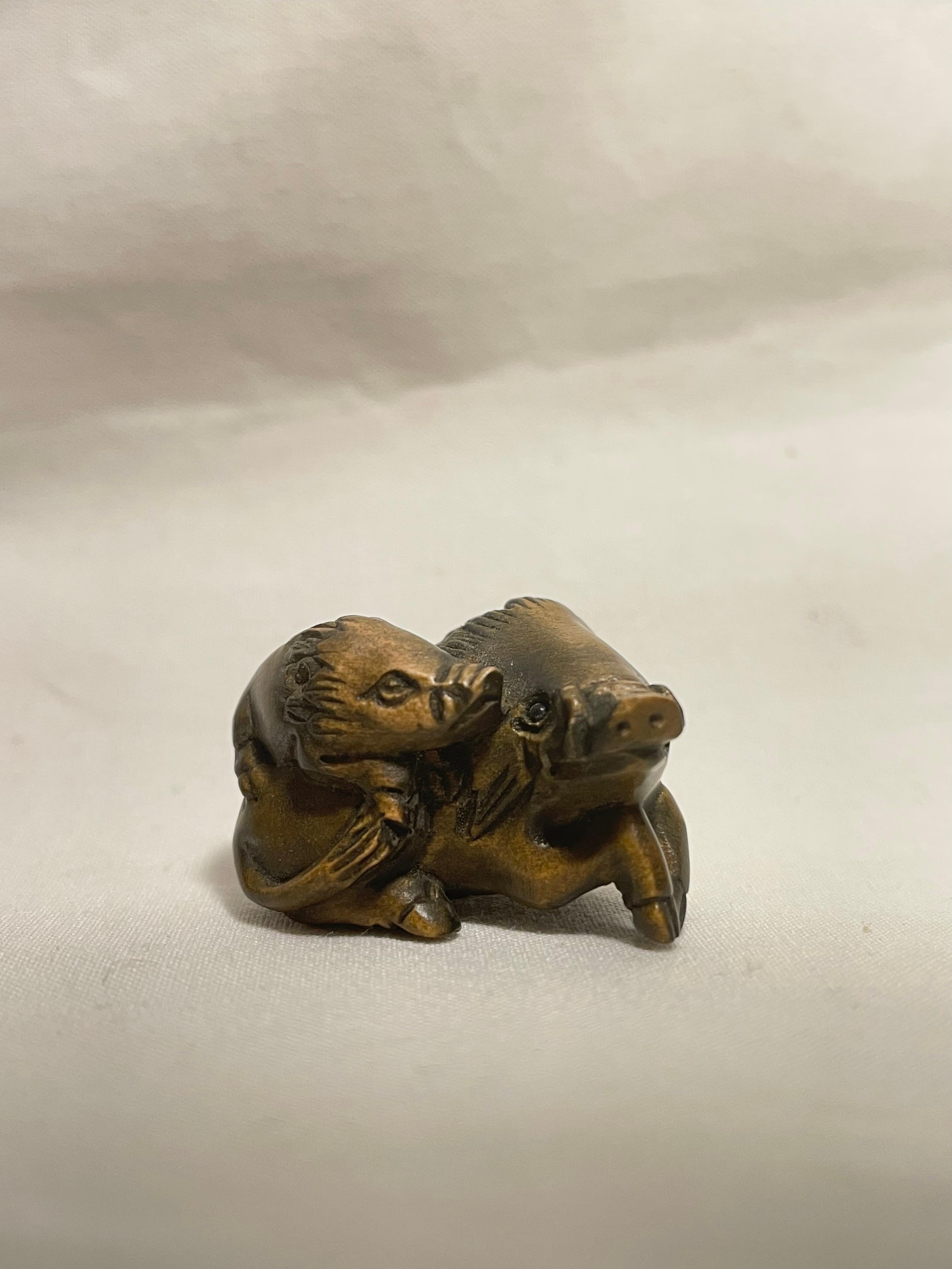 Hand-Carved Japanese Antique Wooden Small Netsuke 'Two wild boar' 1960s For Sale