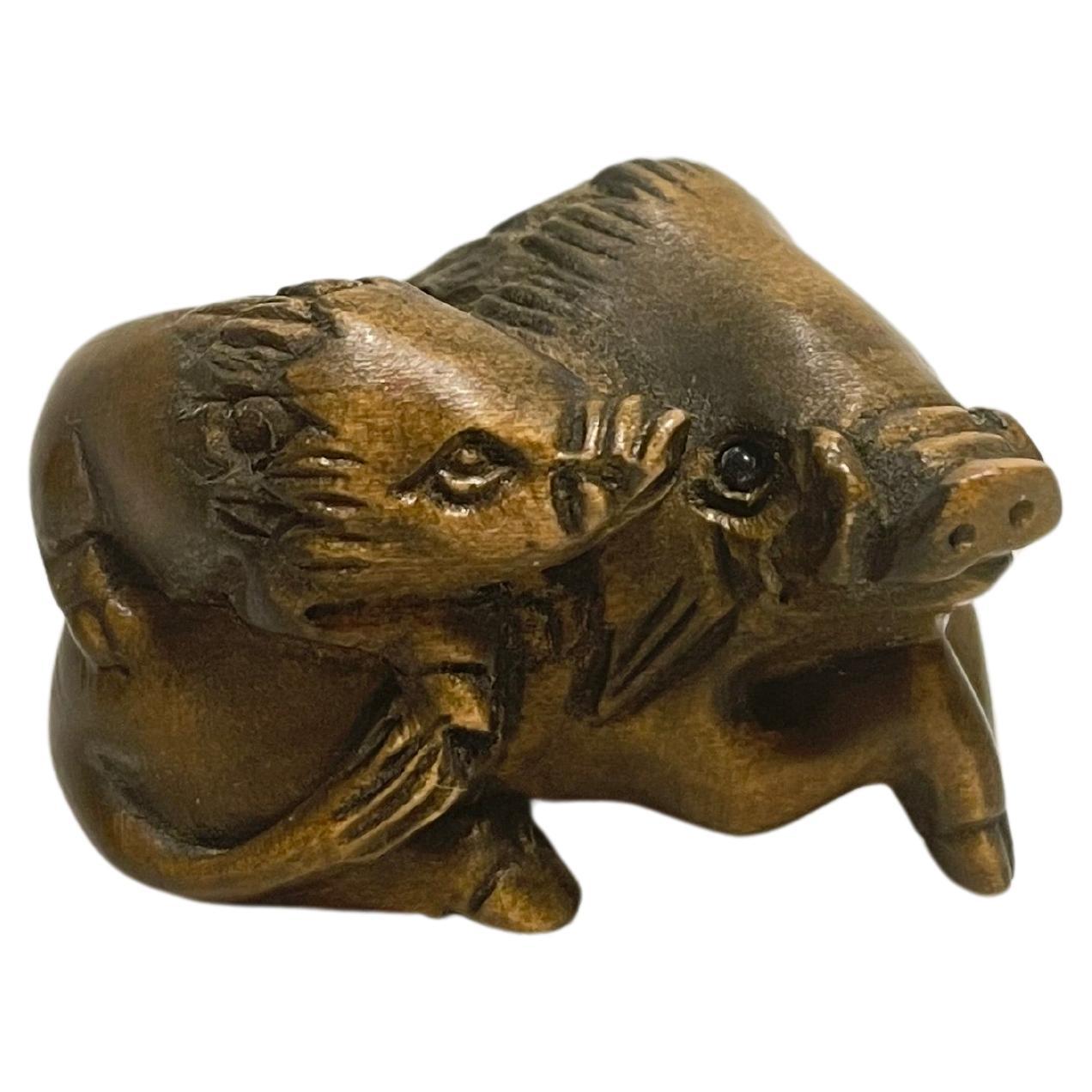 Japanese Antique Wooden Small Netsuke 'Two wild boar' 1960s For Sale
