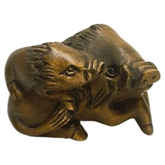 Japanese Used Wooden Small Netsuke 'Two wild boar' 1960s