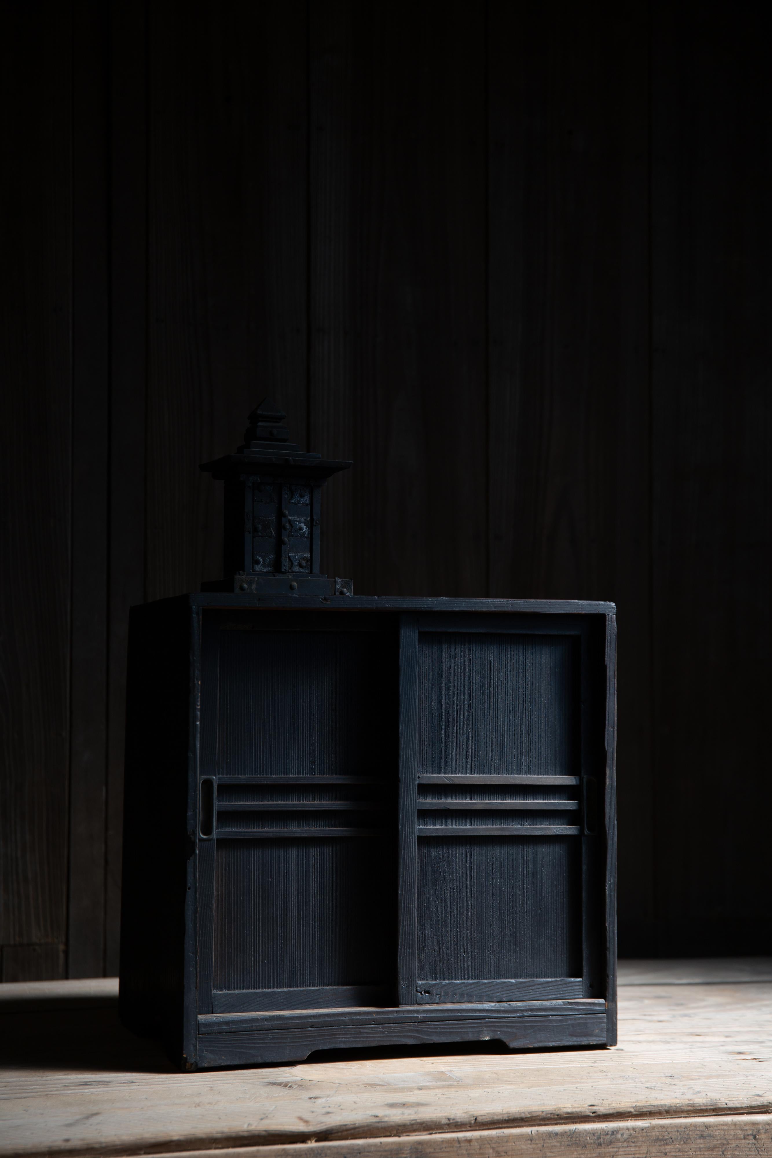 Japanese antique small tansu cabinet box with sliding doors - made of Hinoki Japanese cypress, finished with persimmon tannin & burnt pine ink.
Product of circa 1870s-1920s (Meiji to Taisho period) estimate from the style & conditions - from Tohoku