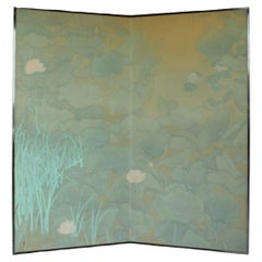 Japanese Antiques 2panels, Silk, folding Screen with lotus motifs