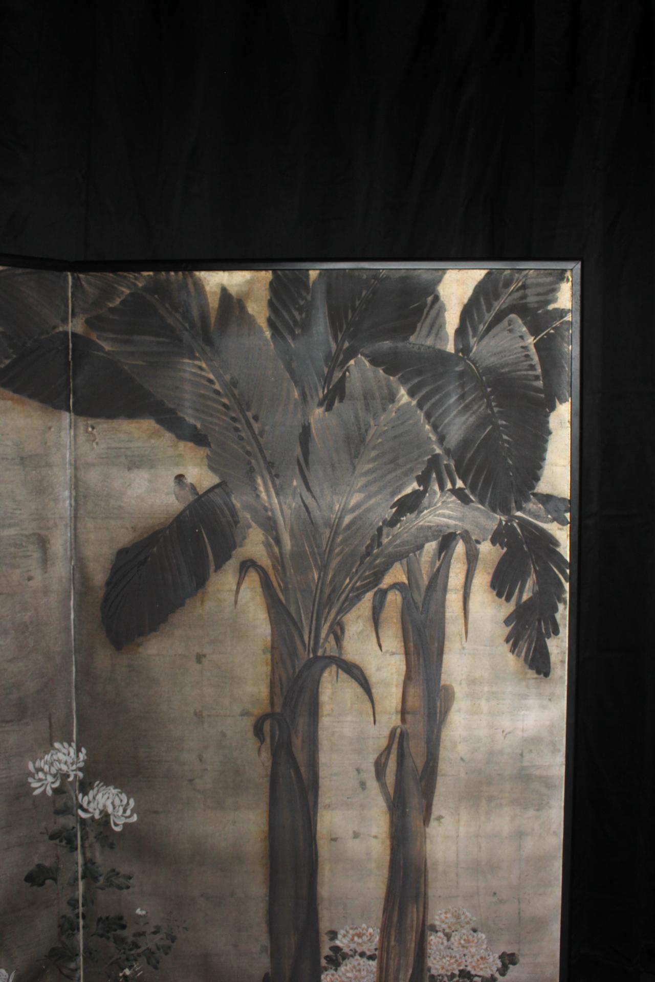 2 panneaux d'antiquités japonaises, dos en argent, banane ? Plantes, paravent Foldes en vente 4
