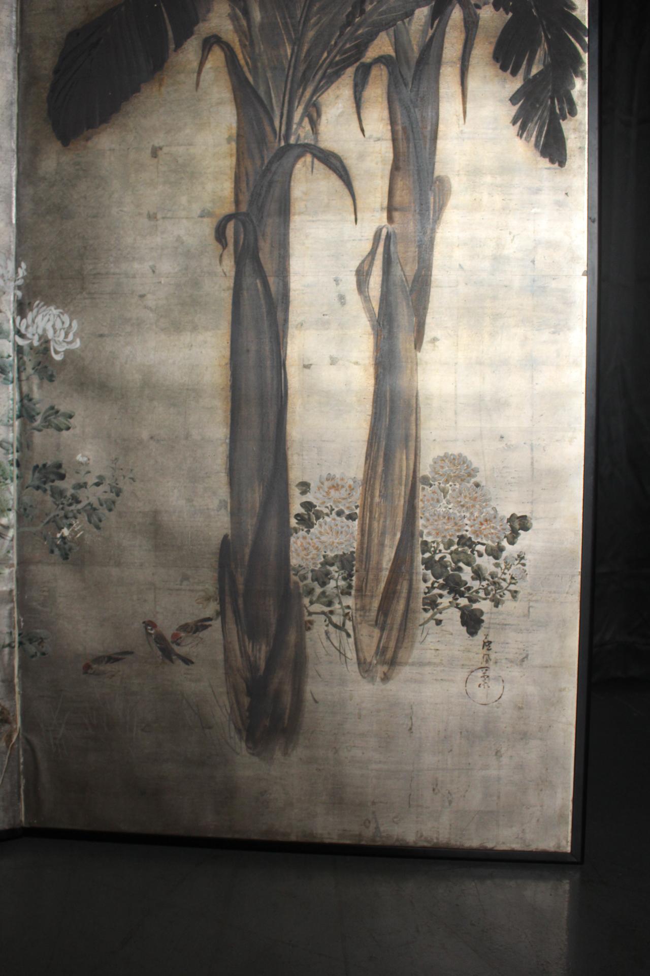 2 panneaux d'antiquités japonaises, dos en argent, banane ? Plantes, paravent Foldes en vente 8
