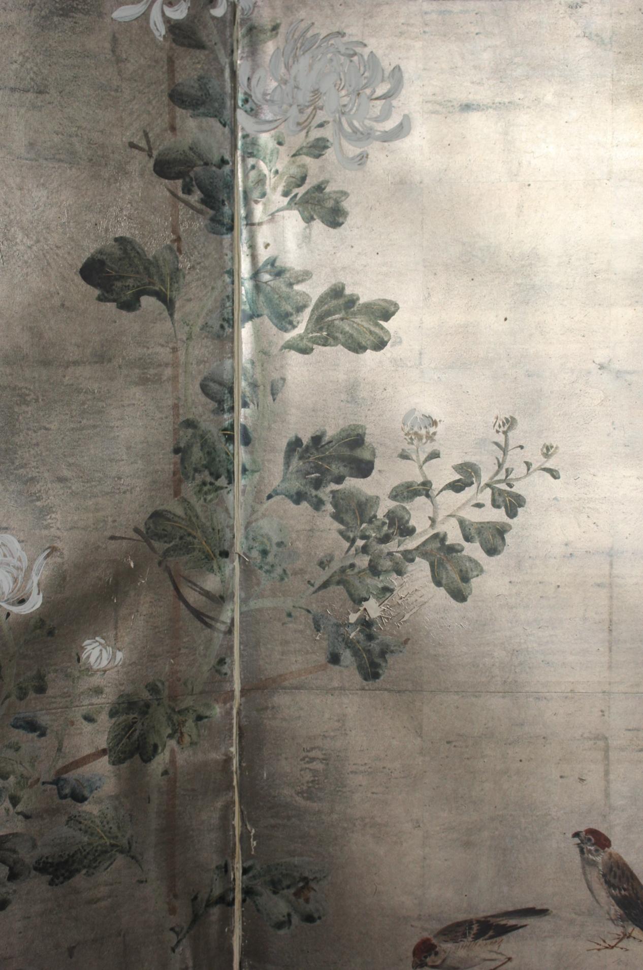 2 panneaux d'antiquités japonaises, dos en argent, banane ? Plantes, paravent Foldes en vente 9