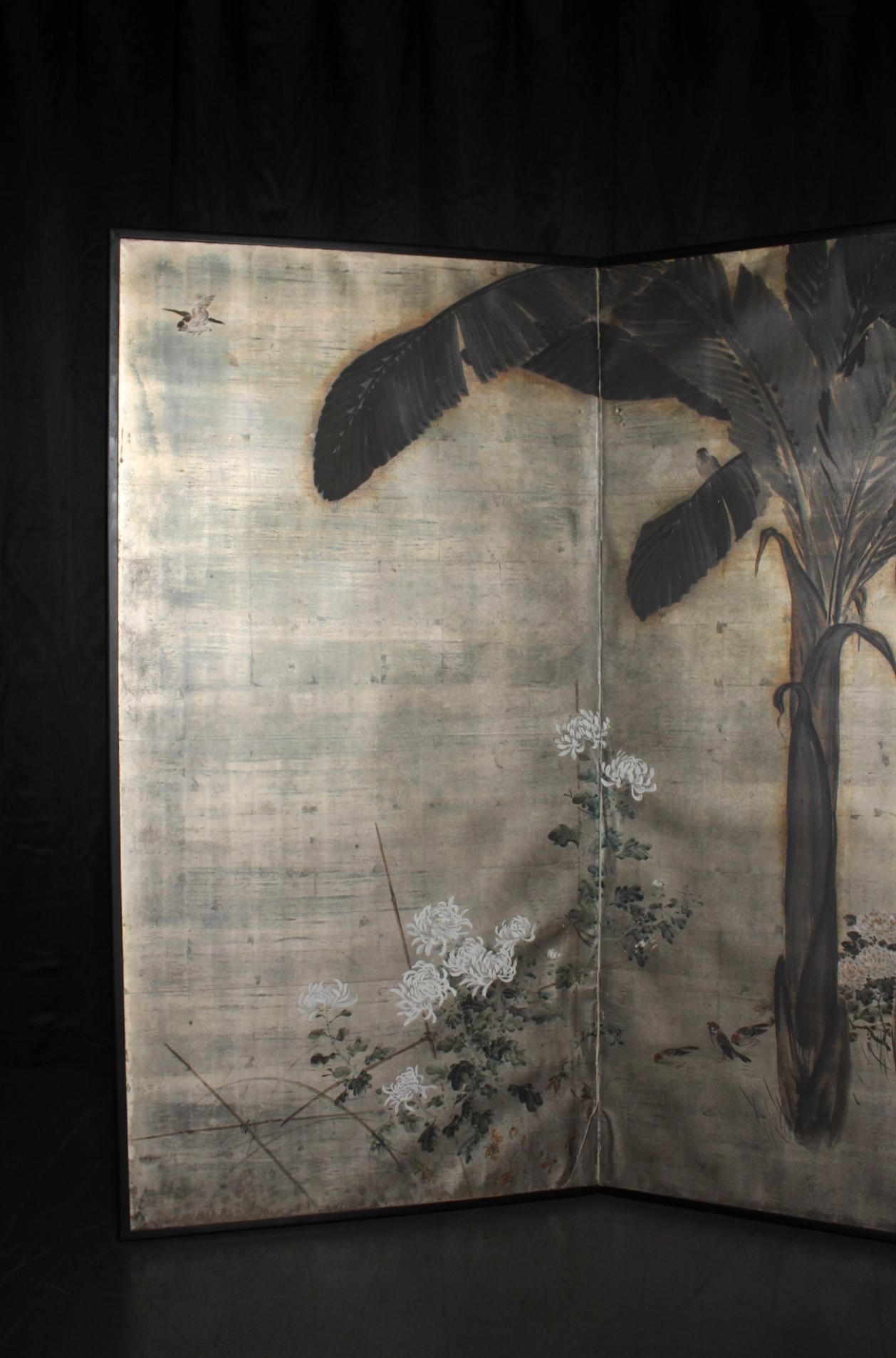 2 panneaux d'antiquités japonaises, dos en argent, banane ? Plantes, paravent Foldes en vente 12