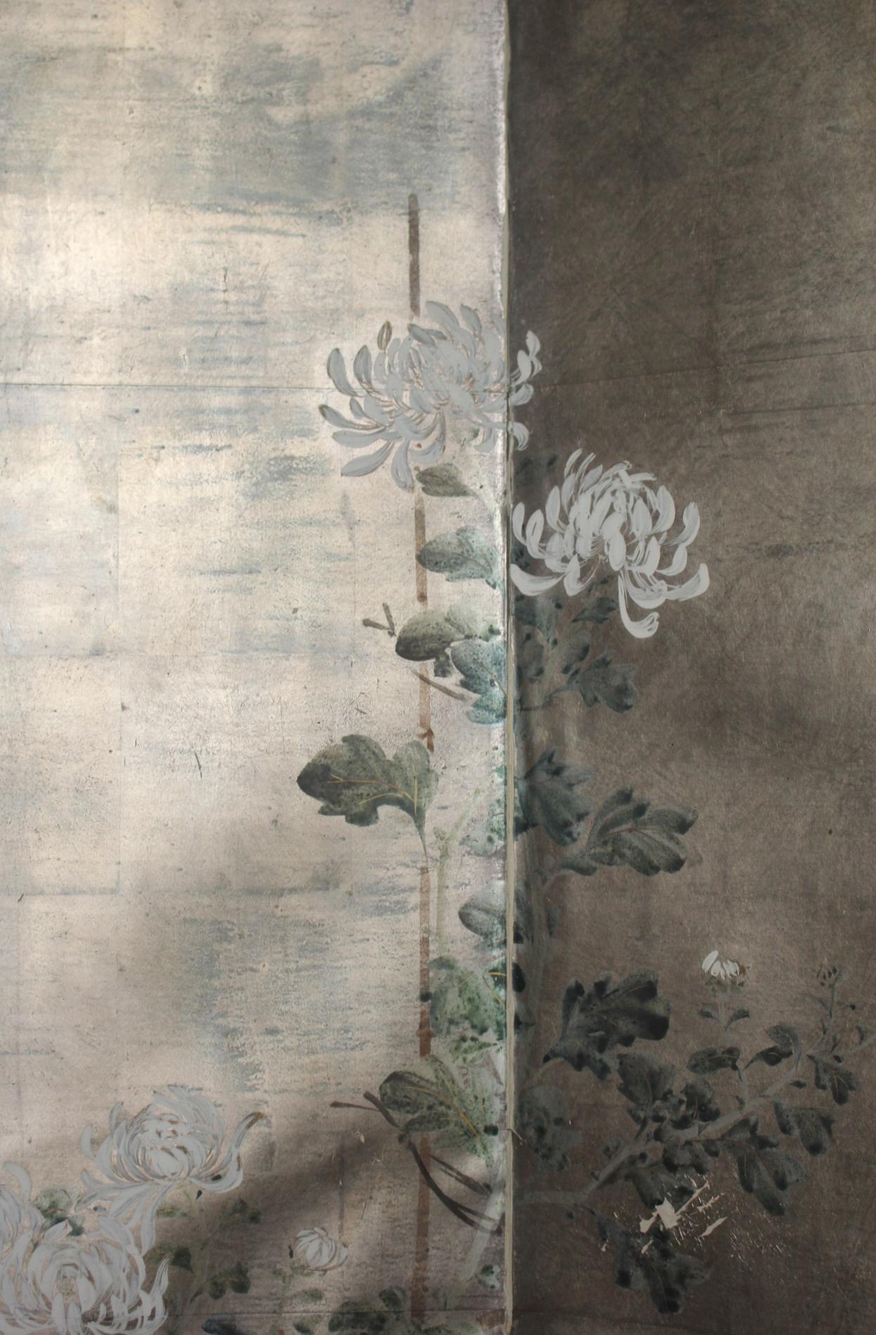 Papier 2 panneaux d'antiquités japonaises, dos en argent, banane ? Plantes, paravent Foldes en vente