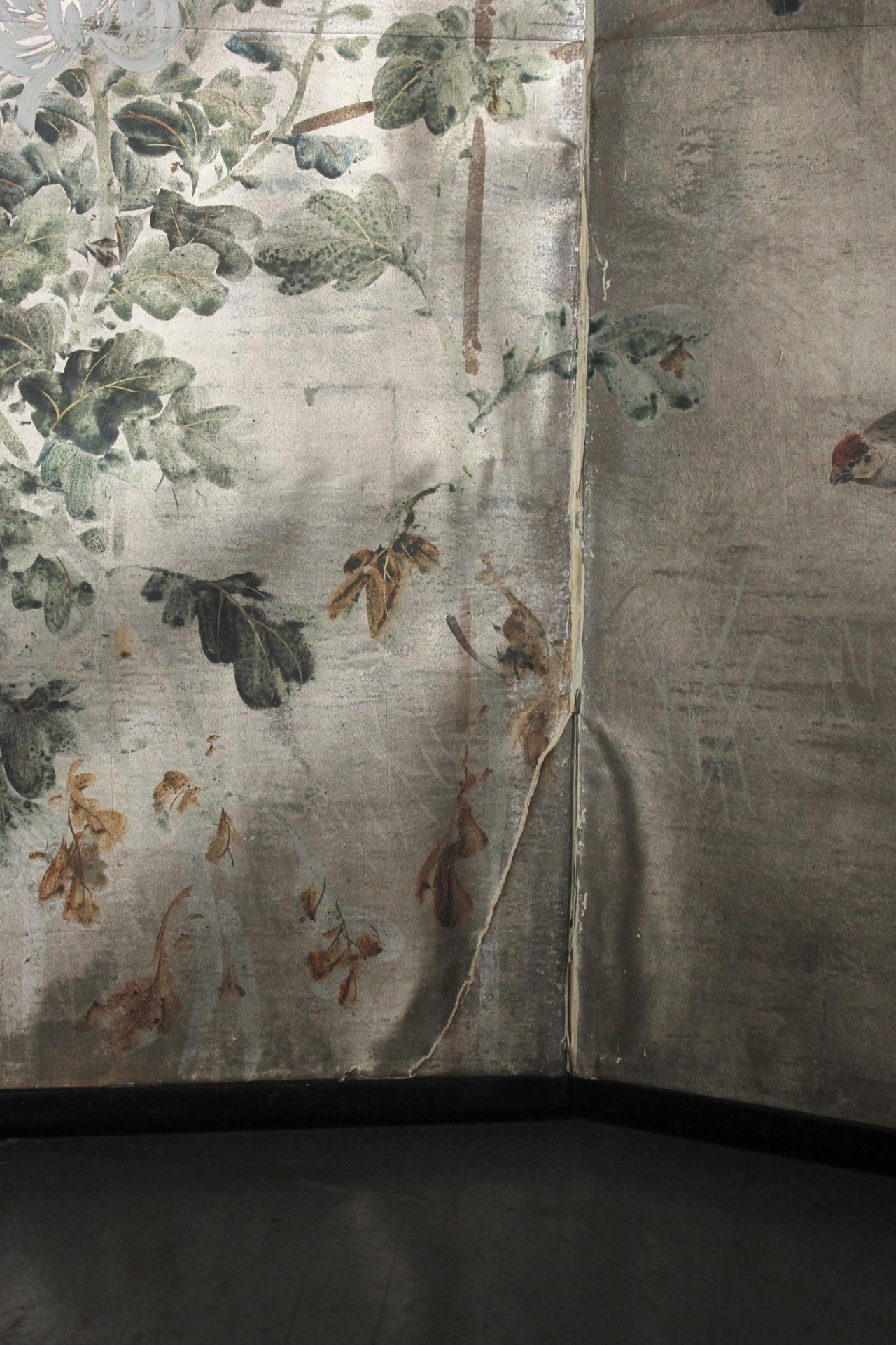 2 panneaux d'antiquités japonaises, dos en argent, banane ? Plantes, paravent Foldes en vente 1