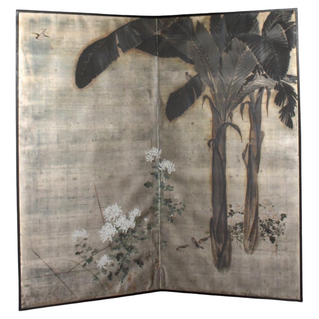 Japanese Antiques 2panels, Silver back, Banana? Plants, Rofuu folding Screen