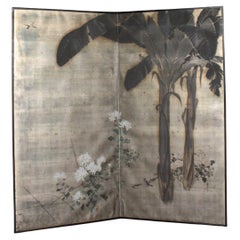 2 panneaux d'antiquités japonaises, dos en argent, banane ? Plantes, paravent Foldes