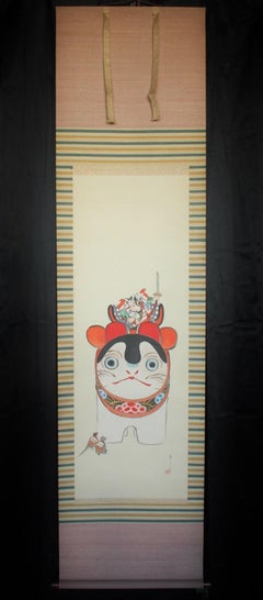 Japanese Antiques 4th Head Torii Kiyotada Silk color scroll Momotaro Ukiyo-e