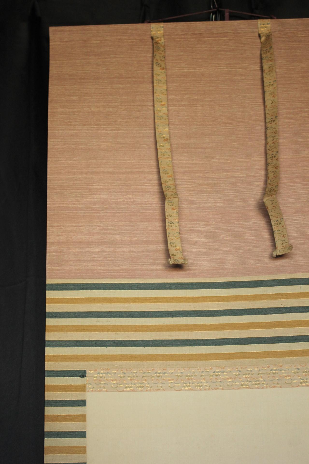 Hand-Painted Japanese Antiques 4th Head Torii Kiyotada Silk color scroll Momotaro Ukiyo-e For Sale